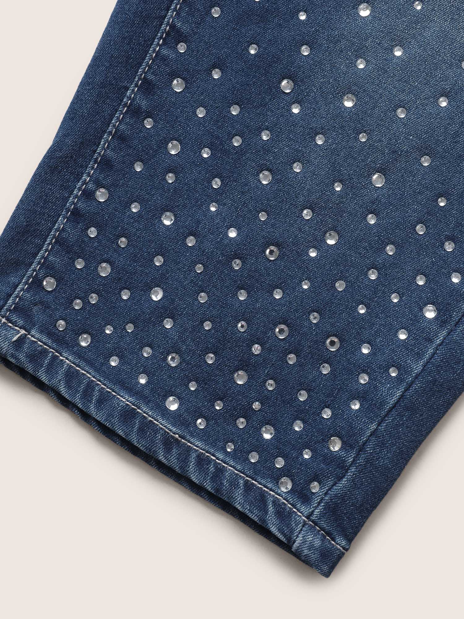 Plus Size Rhinestone Vintage Dark Wash Pull On Jegging Jeans Women Indigo Elegant Plain Non High stretch Slanted pocket Jeans BloomChic 24/3X 