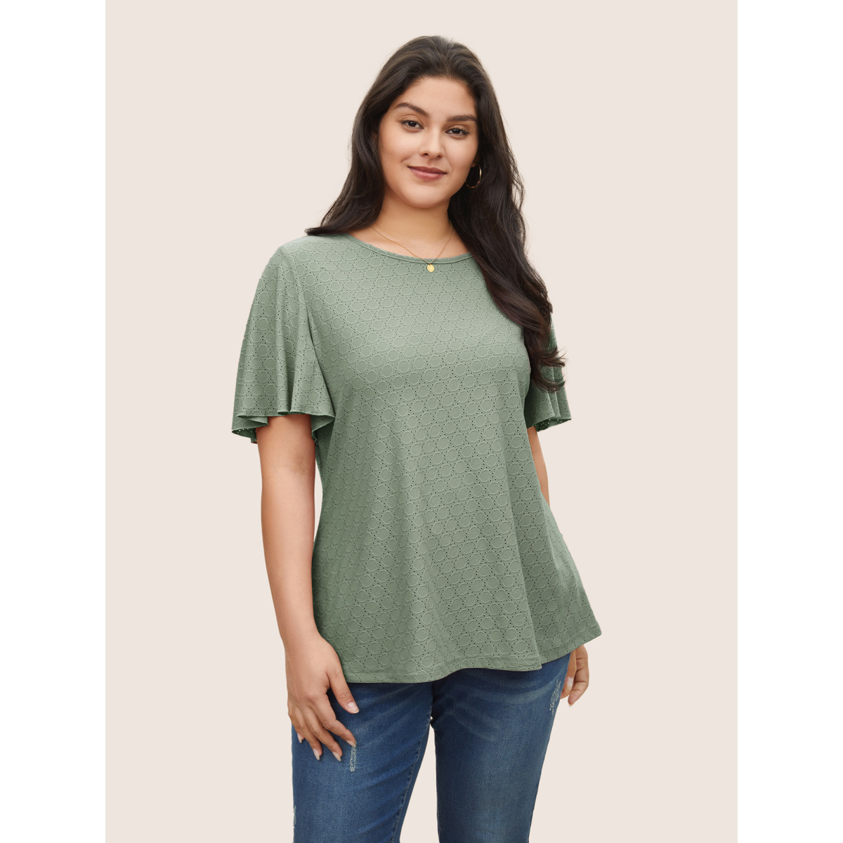 

Plus Size Plain Textured Geometric Flutter Sleeve T-shirt Mint Women Elegant Texture Plain Round Neck Everyday T-shirts BloomChic