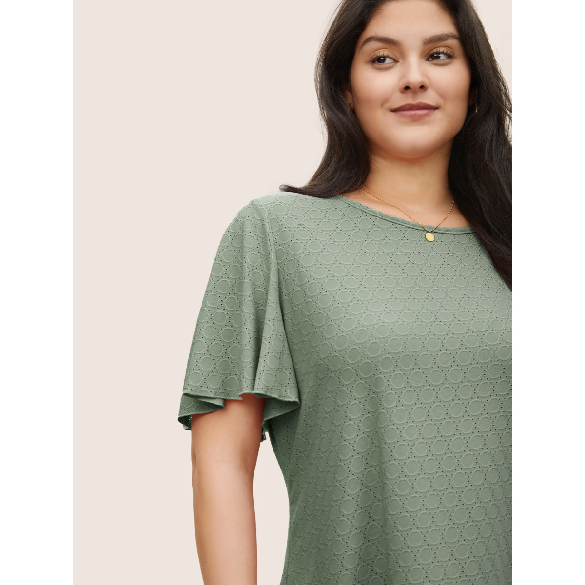 

Plus Size Plain Textured Geometric Flutter Sleeve T-shirt Mint Women Elegant Texture Plain Round Neck Everyday T-shirts BloomChic