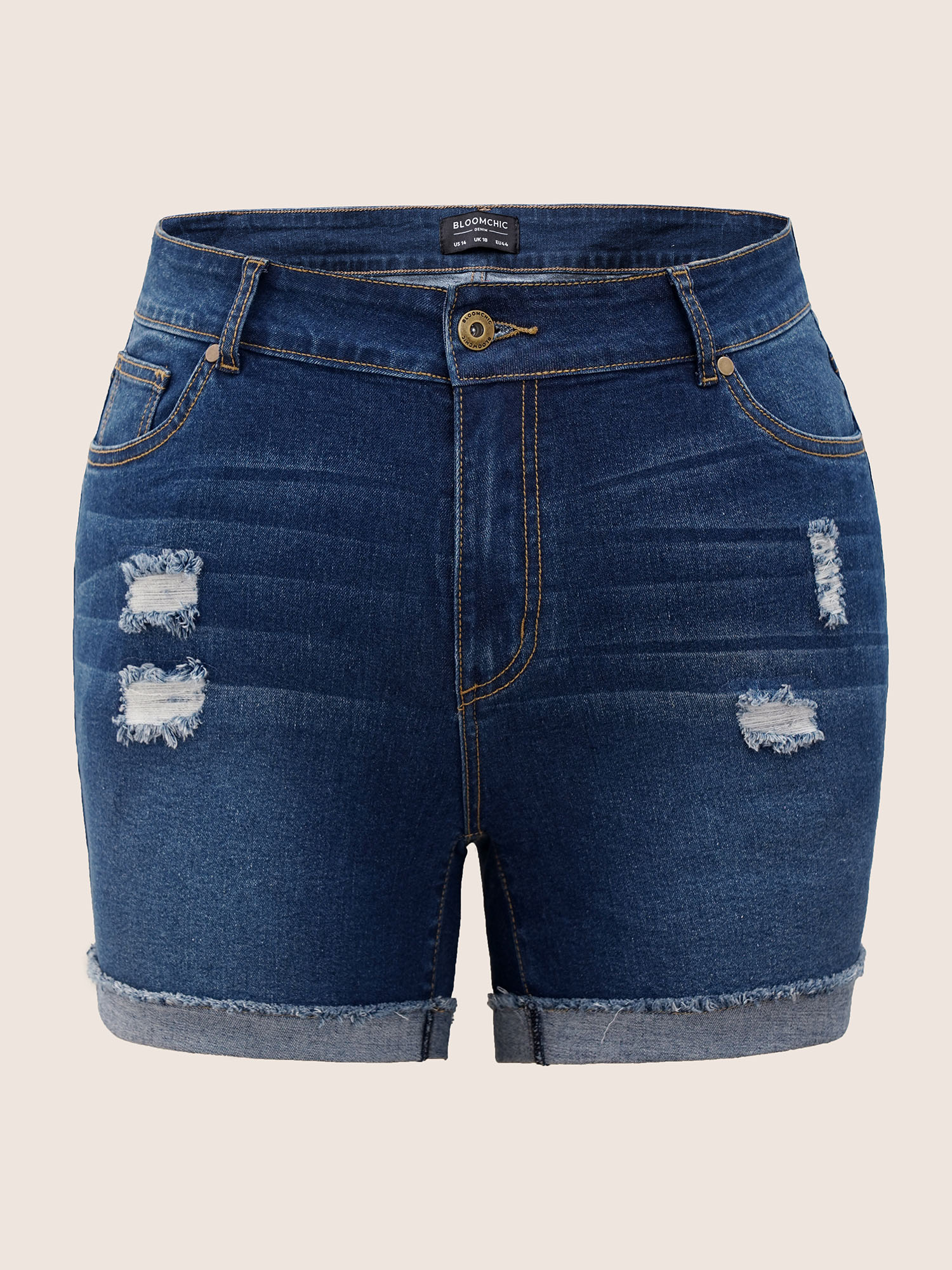 

Plus Size Distressed Dark Wash Roll Hem Denim Shorts Women Indigo Non High stretch Everyday Slanted pocket Casual Denim Shorts BloomChic