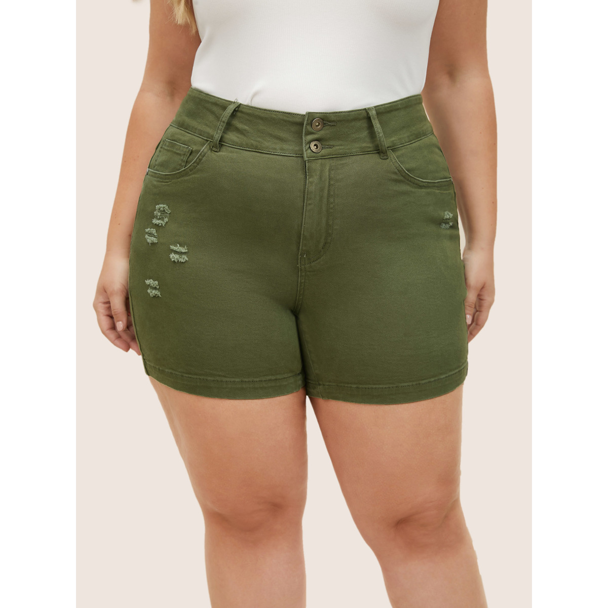 

Plus Size Distressed Color Wash Skinny Denim Shorts Women ArmyGreen Non High stretch Everyday Slanted pocket Casual Denim Shorts BloomChic