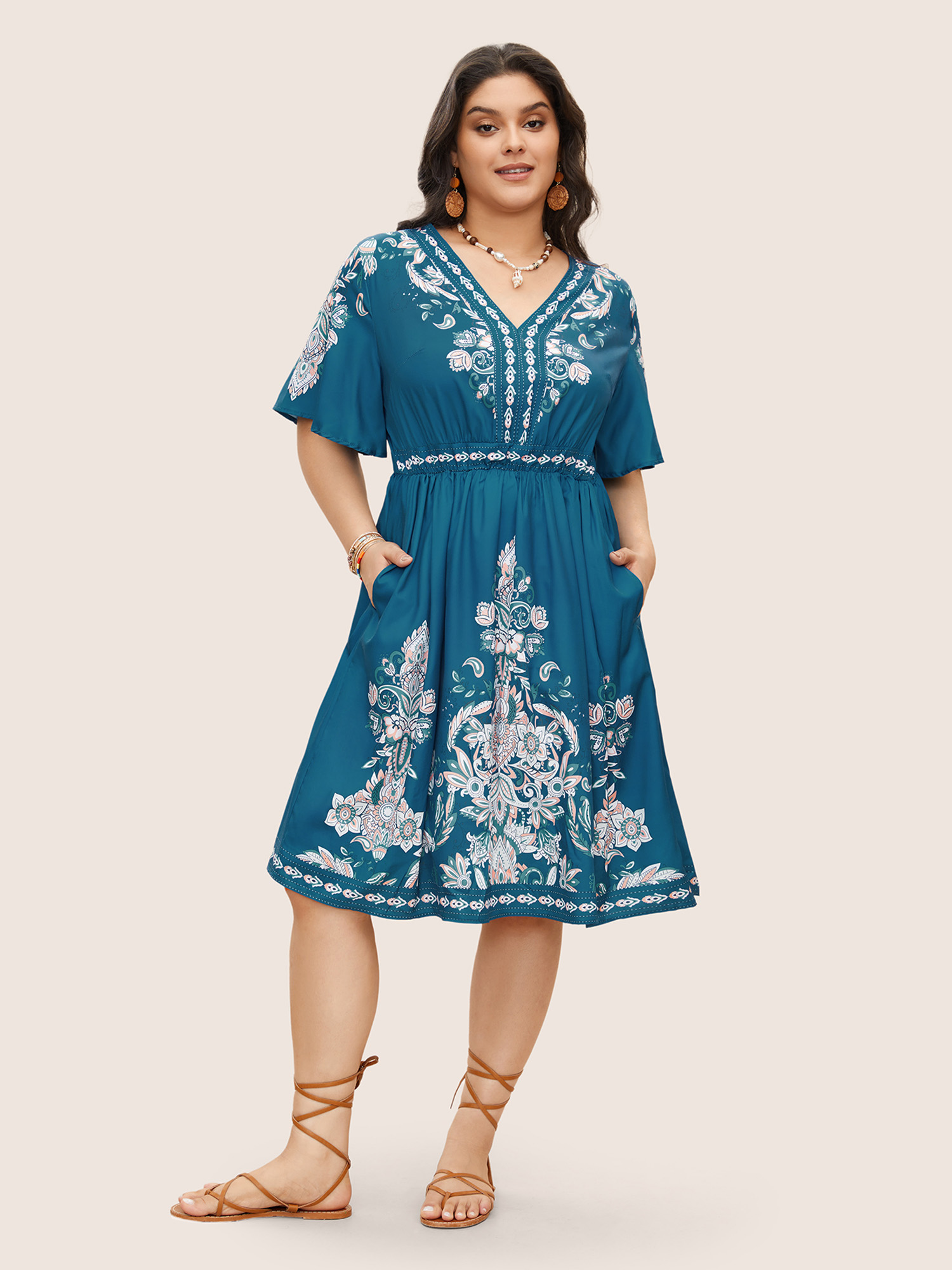 

Vintage Embroidered Floral Print Plus Size Vacation Dress Women Bohemian Emerald Pocket Ruffle Sleeve Short Sleeve V Neck Pocket Casual Knee Dress BloomChic, Aegean