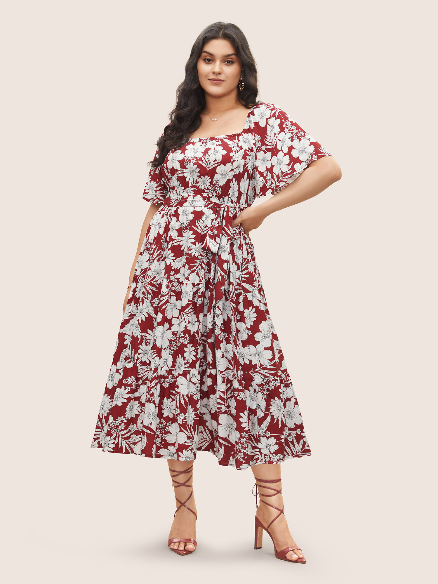 

Plus Size Square Neck Floral Print Belted Gathered Dress Russet Women Elegant Gathered Square Neck Short sleeve Curvy Midi Dress BloomChic