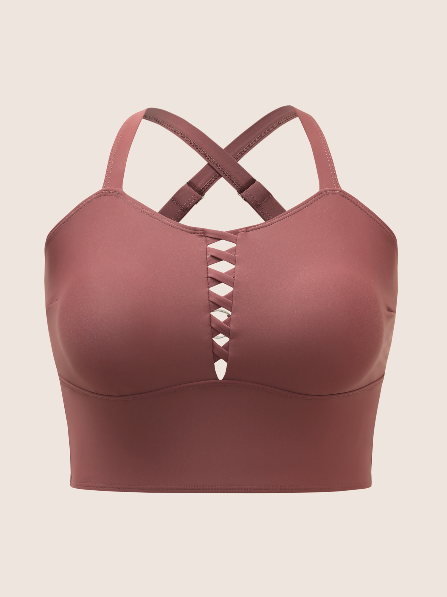 

Plus Size Solid Crisscross Neck Adjustable Straps Swim Top Women's Swimwear Russet Beach Cut-Out High stretch Skinny Heart neckline Curve Swim Tops BloomChic