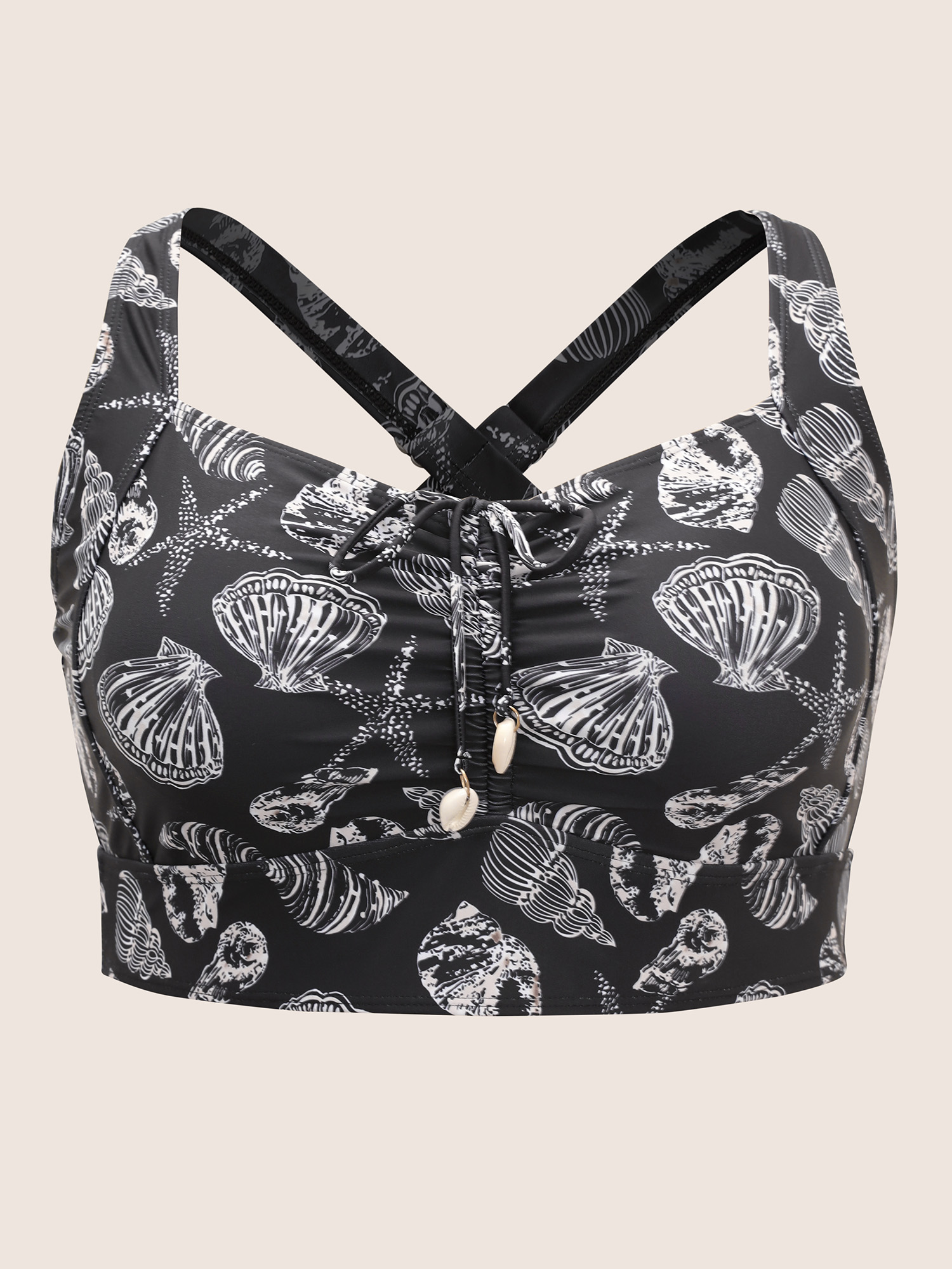 Plus Size Shell Print Drawstring Ruched Skinny Swim Top Women`s Swimwear Black Beach Gathered High stretch Skinny Heart neckline Curve Swim Tops BloomChic 30/6X 