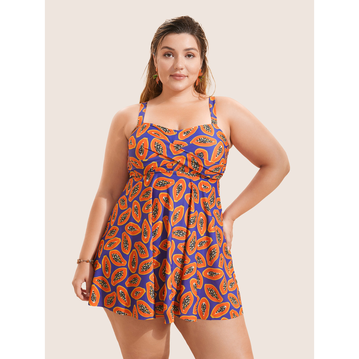 

Plus Size Fruit & Vegetable Print Crossover Cami Swim Dress Women's Swimwear Purple Beach Bodycon High stretch Curve Swim Dresses BloomChic