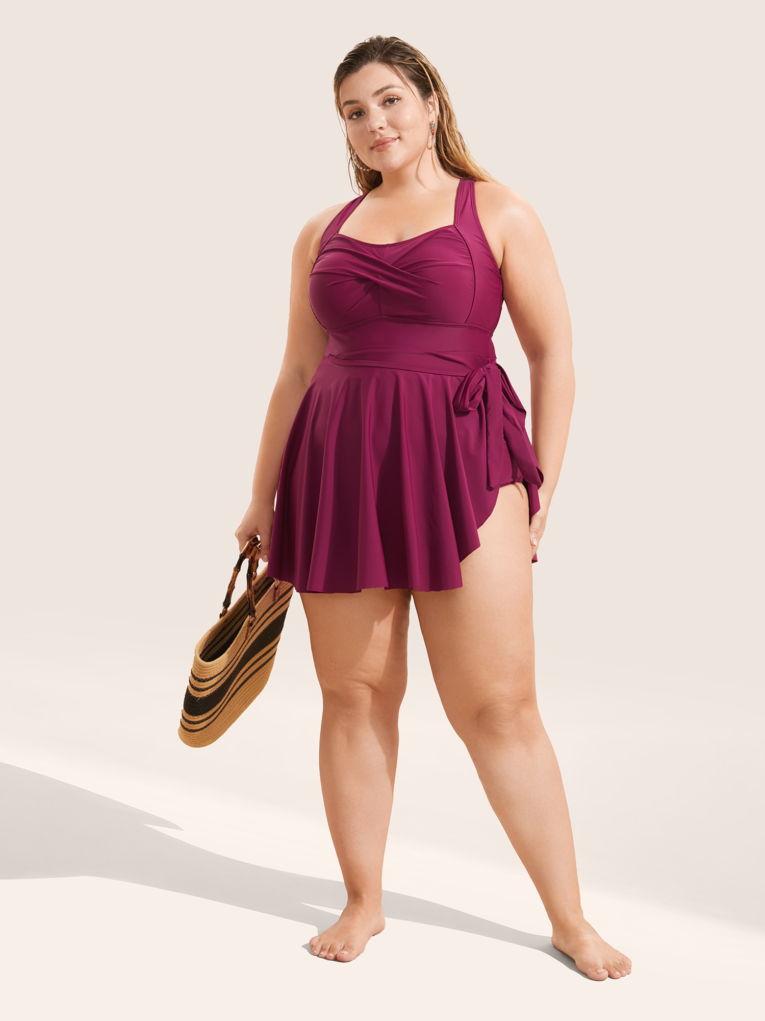 

Plus Size Plain Crossover Knotted Asymmetrical Hem Swim Dress Women's Swimwear RedViolet Beach Bodycon High stretch Curve Swim Dresses BloomChic