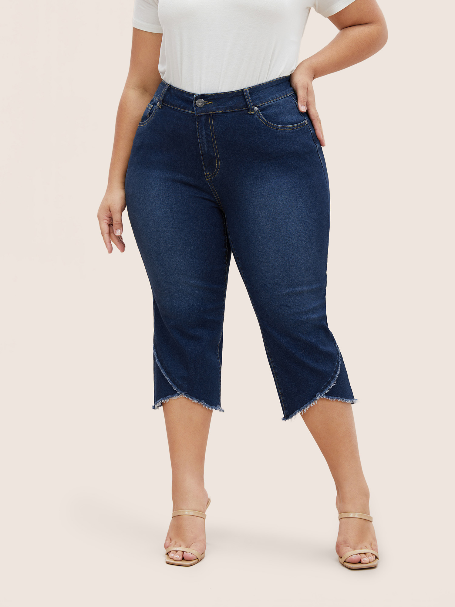

Plus Size Raw Trim Wrap Hem Straight Leg Jeans Women DarkBlue Casual Button High stretch Slanted pocket Jeans BloomChic