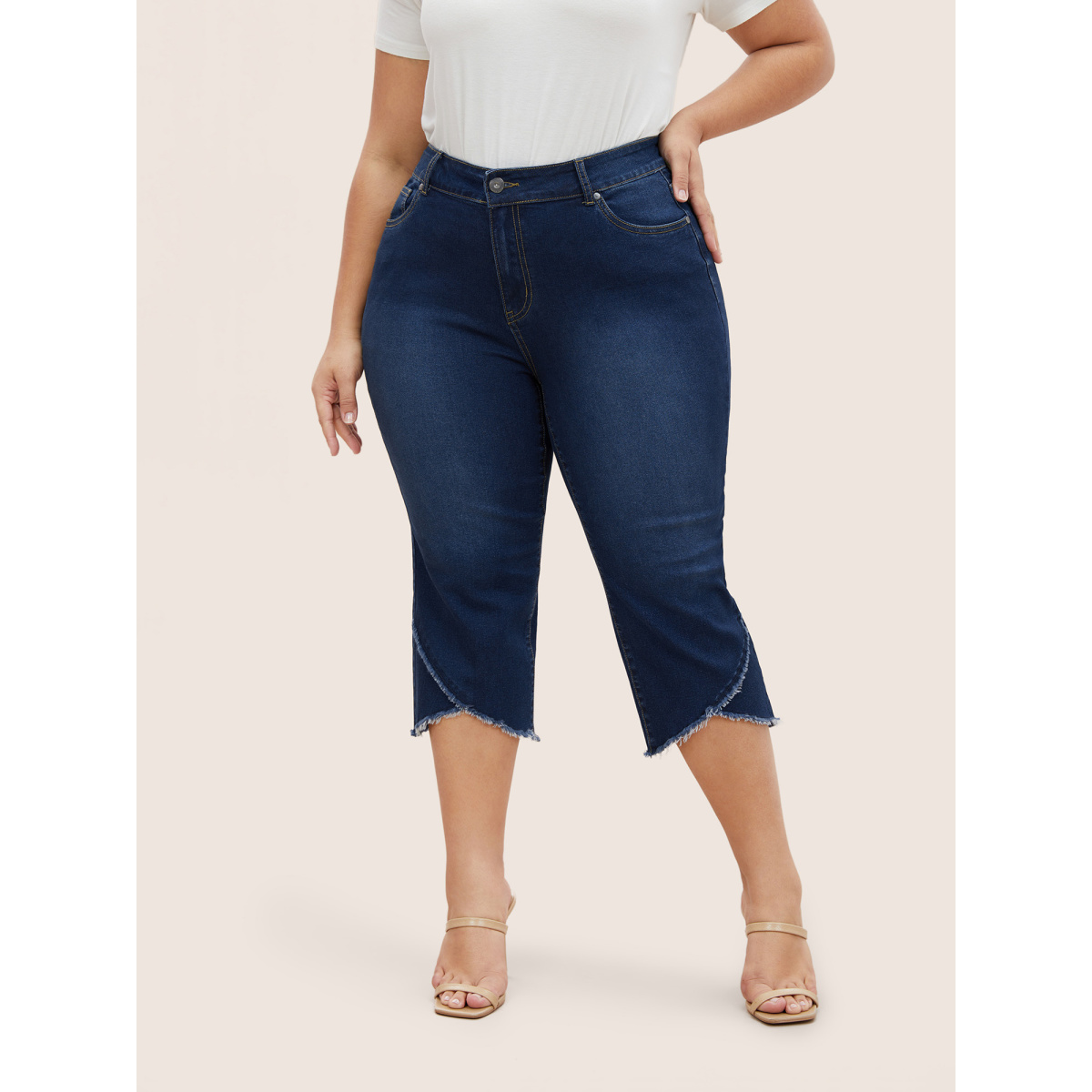 

Plus Size Raw Trim Wrap Hem Straight Leg Jeans Women DarkBlue Casual Button High stretch Slanted pocket Jeans BloomChic
