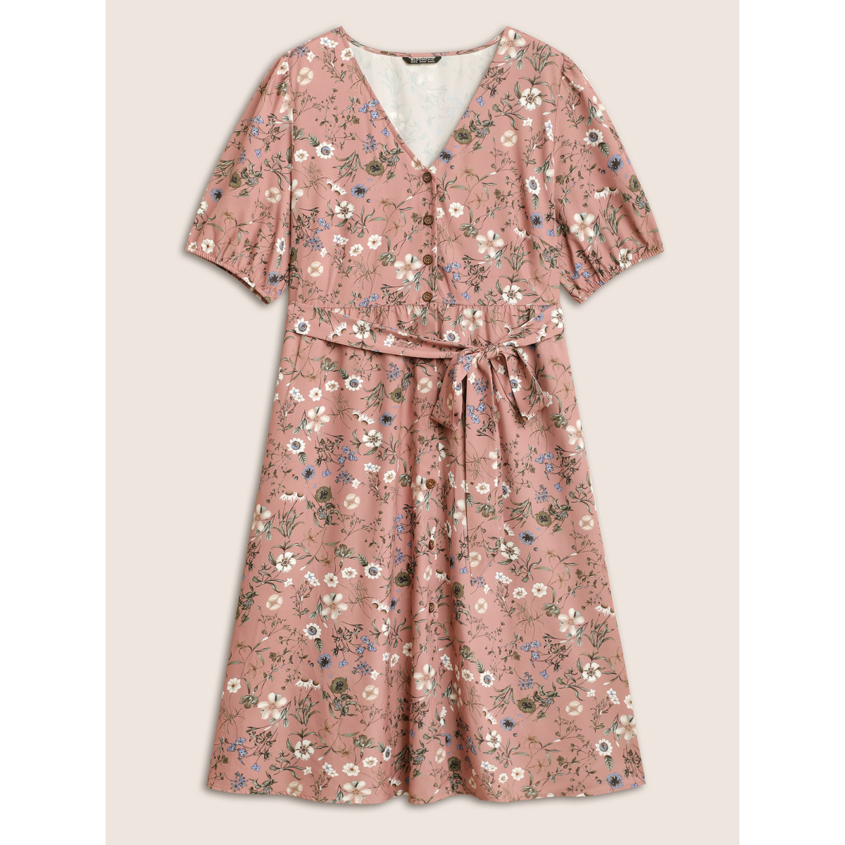 

Plus Size Ditsy Floral Belted Lantern Sleeve Button Up Dress DustyPink Women Non V-neck Short sleeve Curvy Midi Dress BloomChic