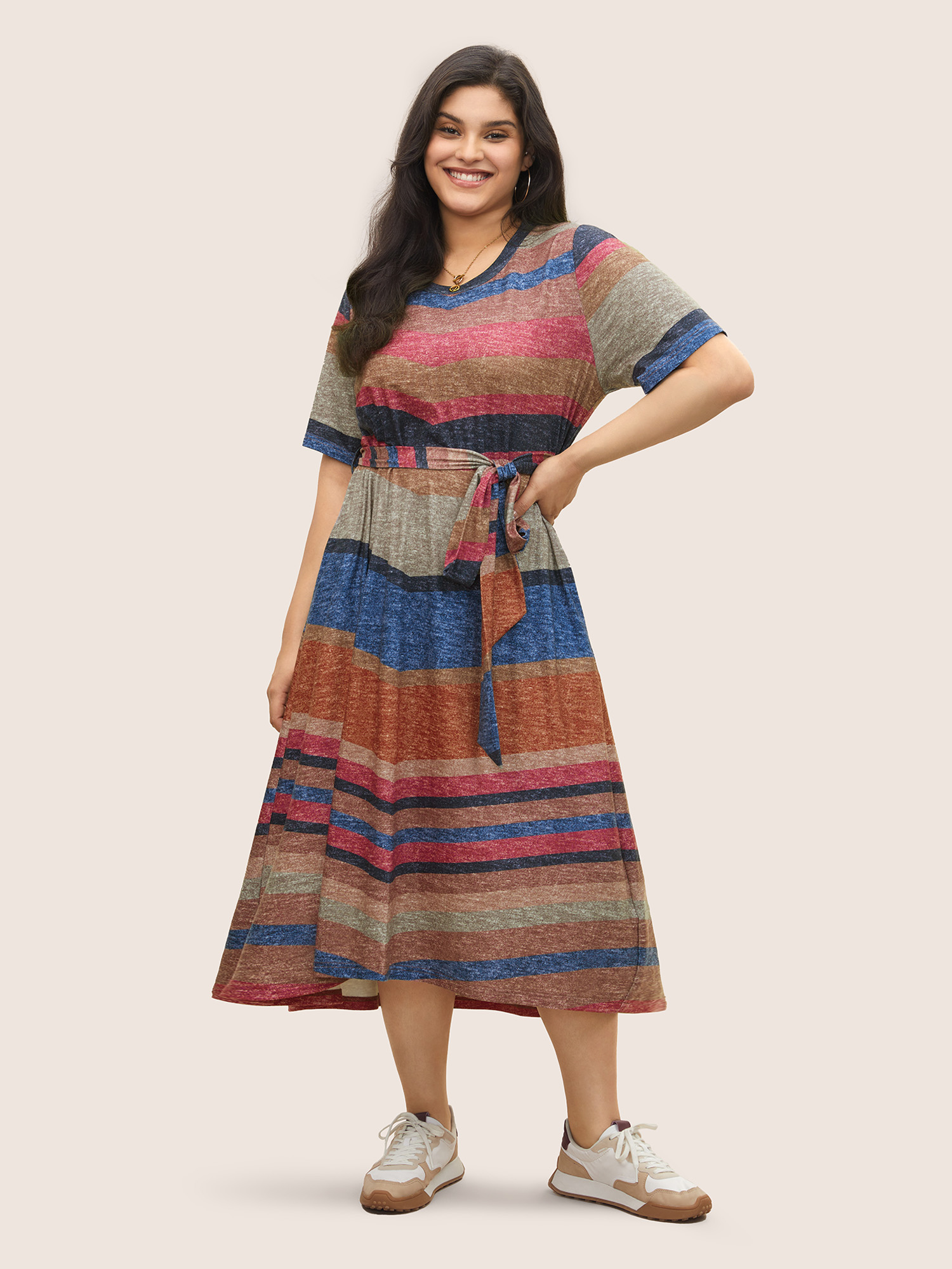 

Plus Size Striped Colored Pocket Belted Dress Multicolor Women Casual Non Round Neck Short sleeve Curvy Midi Dress BloomChic