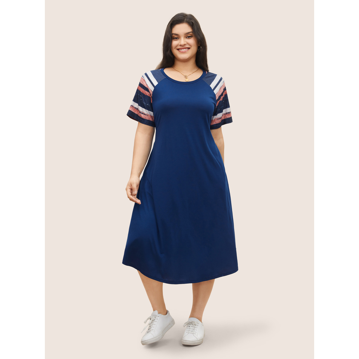 

Plus Size Contrast Striped Pocket Raglan Sleeve Dress DarkBlue Women Non Curvy Midi Dress BloomChic