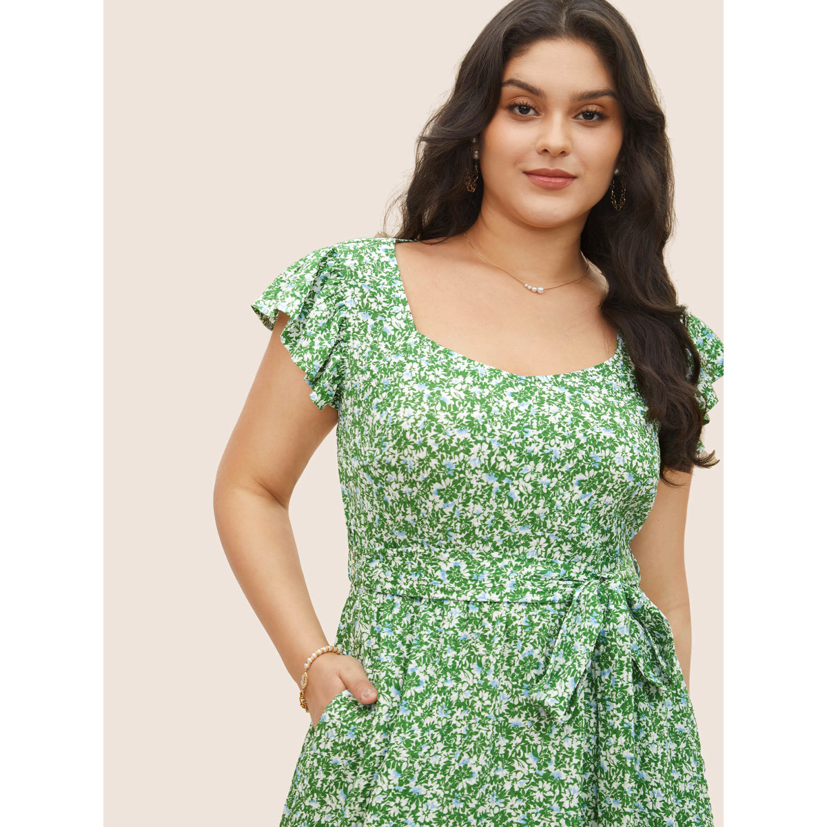 

Plus Size Ditsy Floral Belted Flutter Cap Sleeve Dress Green Women Non Curvy Midi Dress BloomChic