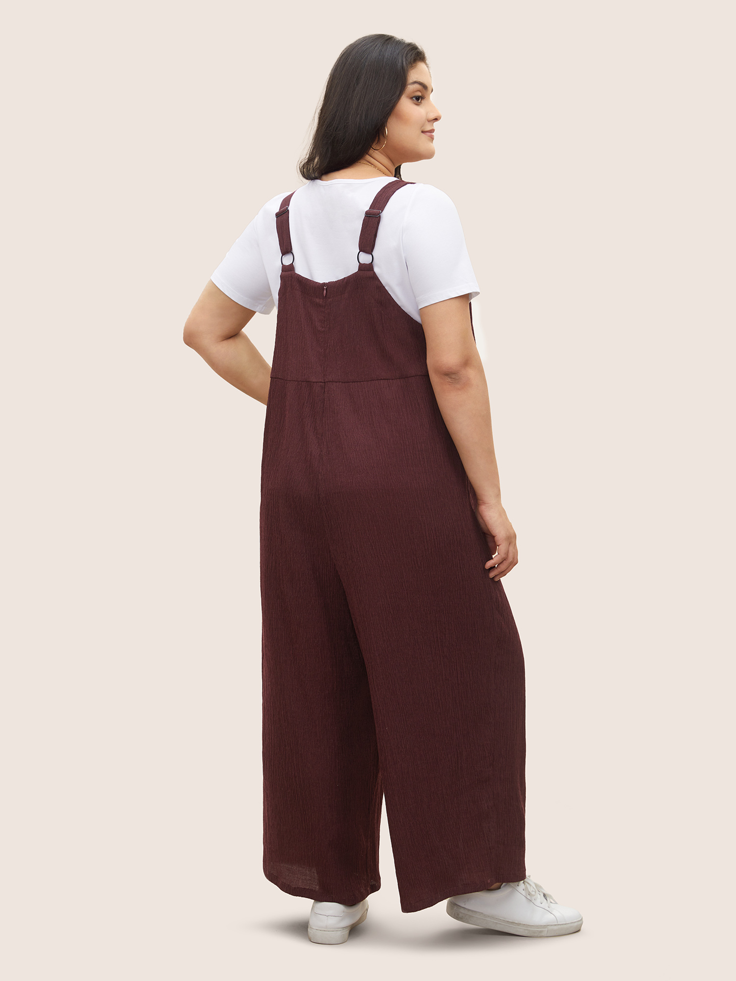 

Plus Size Burgundy Plain Textured Patched Pocket Cami Jumpsuit Women Casual Non Everyday Loose Jumpsuits BloomChic