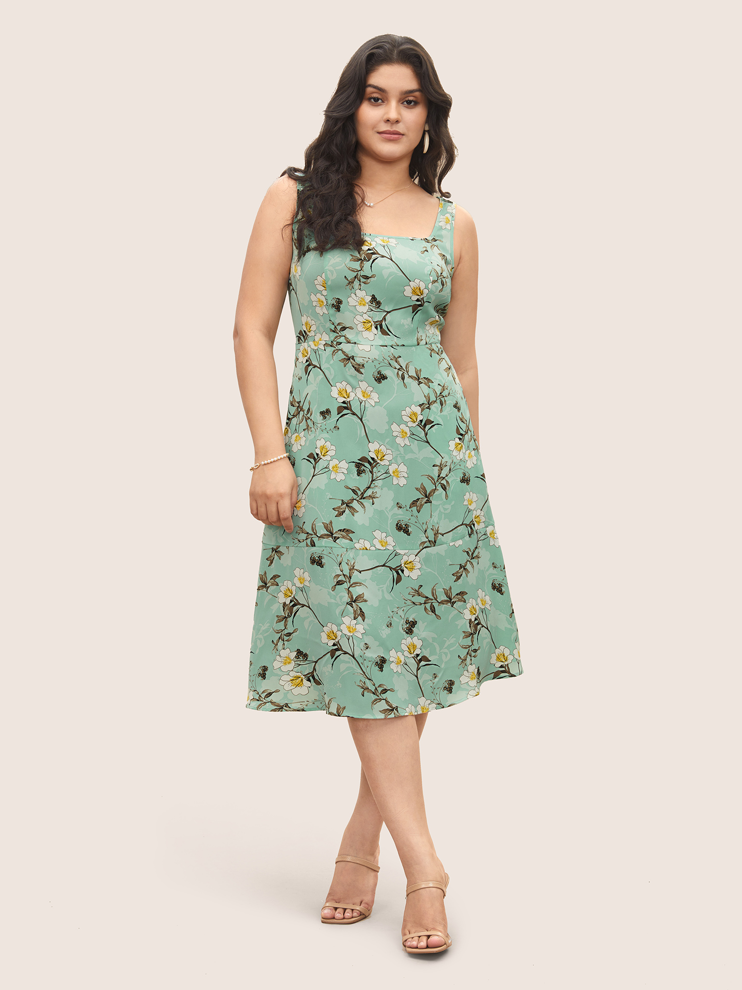 

Plus Size Floral Print Square Neck Pocket Tank Dress Mint Women Elegant Non Square Neck Sleeveless Curvy Midi Dress BloomChic