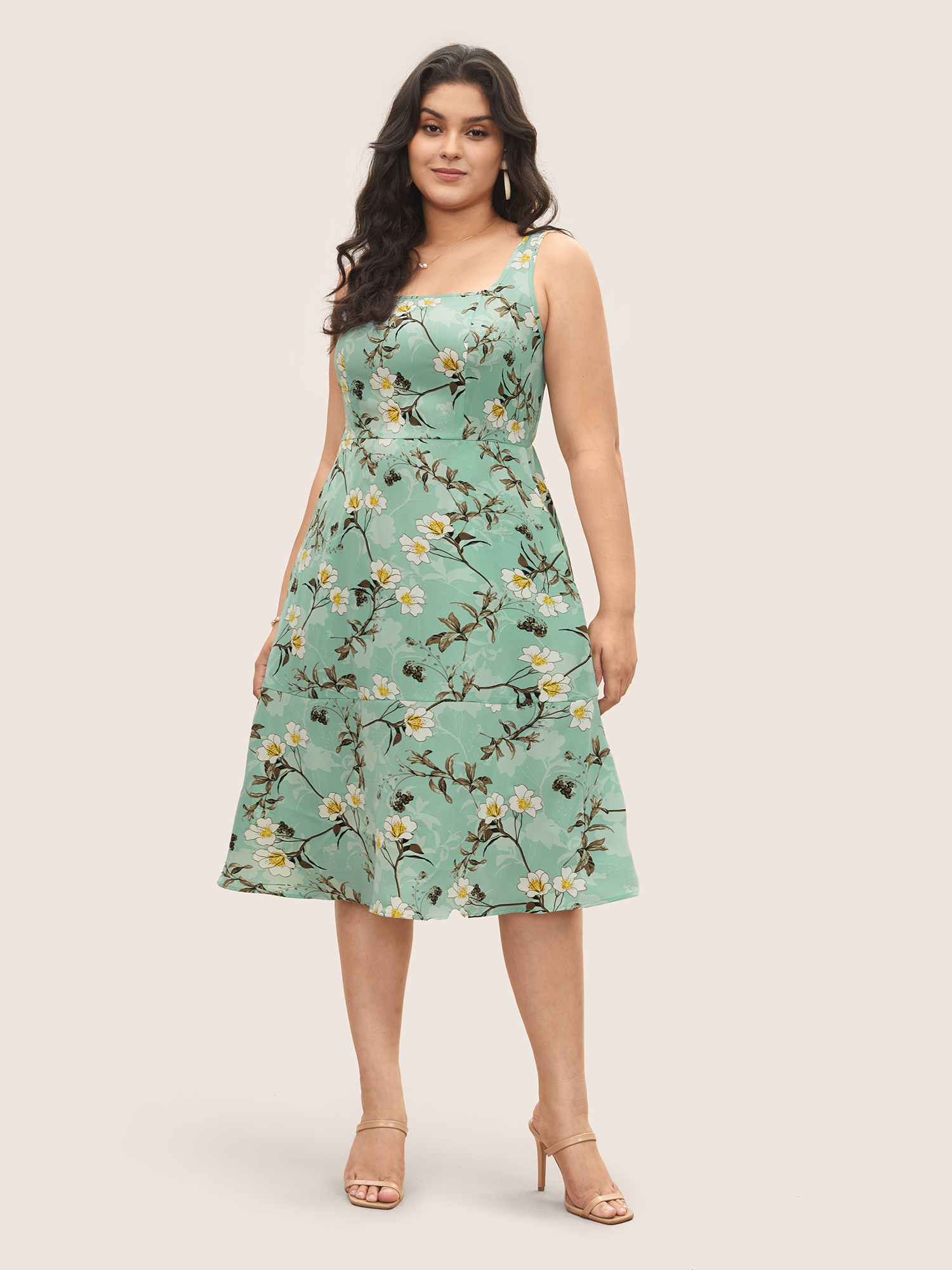 

Plus Size Floral Print Square Neck Pocket Tank Dress Mint Women Elegant Non Square Neck Sleeveless Curvy Midi Dress BloomChic