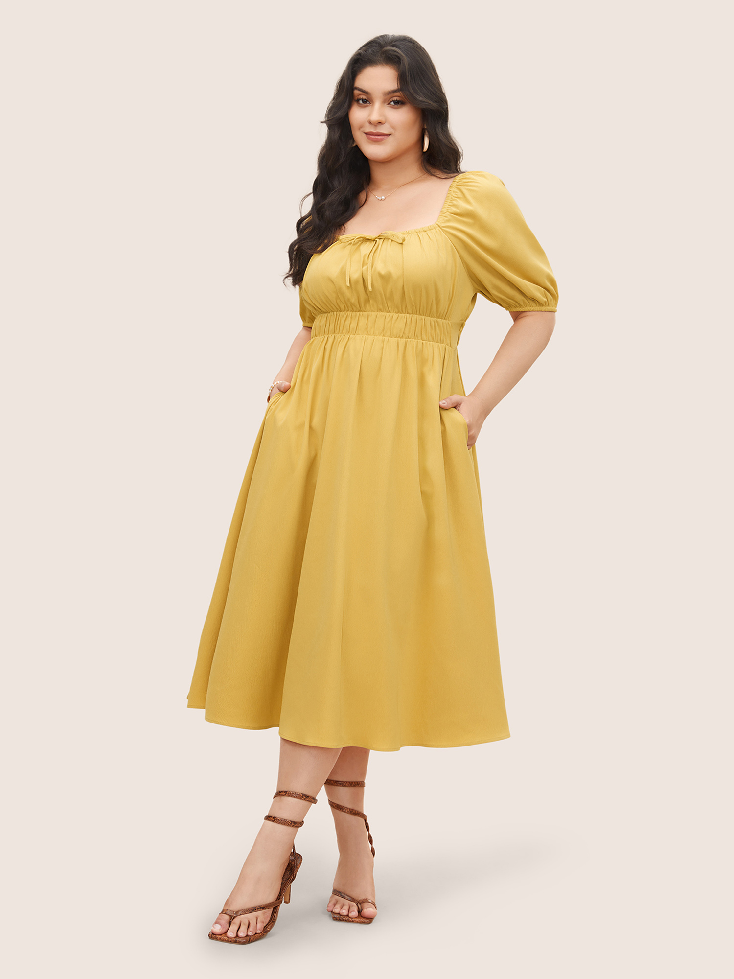 

Plus Size Plain Lantern Sleeve Drawstring Square Neck Dress Yellow Women Elegant Non Square Neck Short sleeve Curvy Midi Dress BloomChic