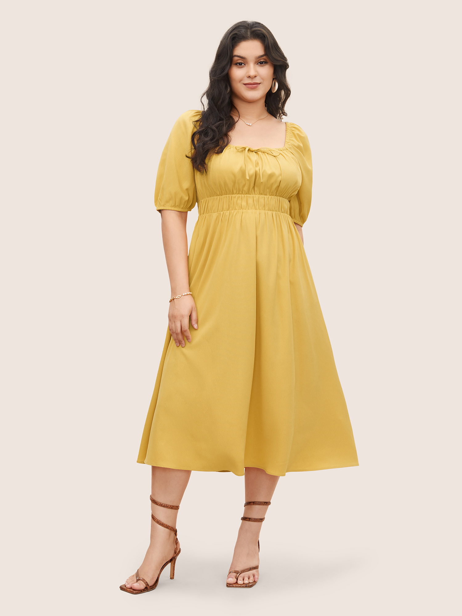 

Plus Size Plain Lantern Sleeve Drawstring Square Neck Dress Yellow Women Elegant Non Square Neck Short sleeve Curvy Midi Dress BloomChic