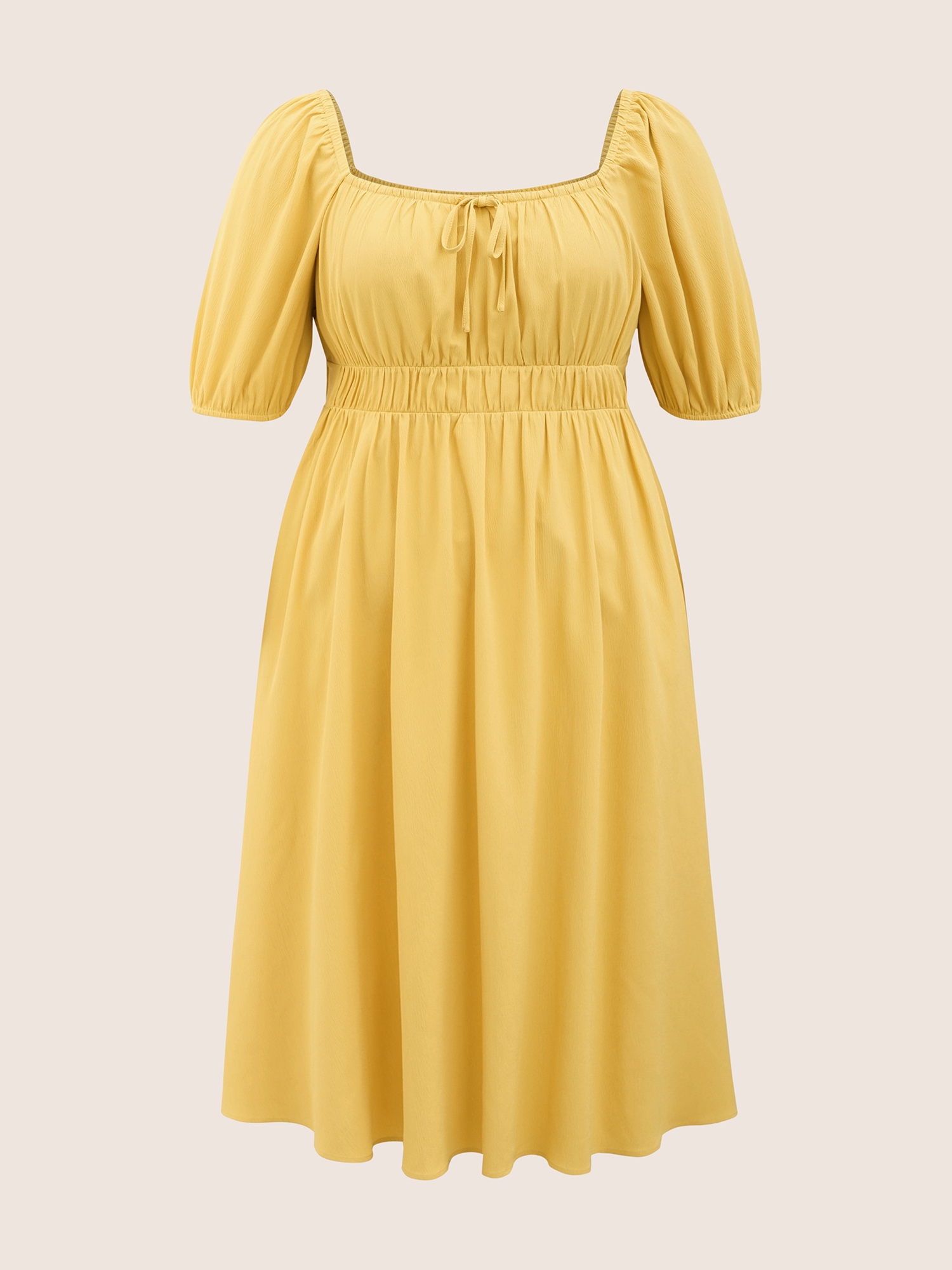 

Plus Size Plain Lantern Sleeve Drawstring Square Neck Dress Yellow Women Elegant Non Square Neck Short sleeve Curvy Midi Dress BloomChic