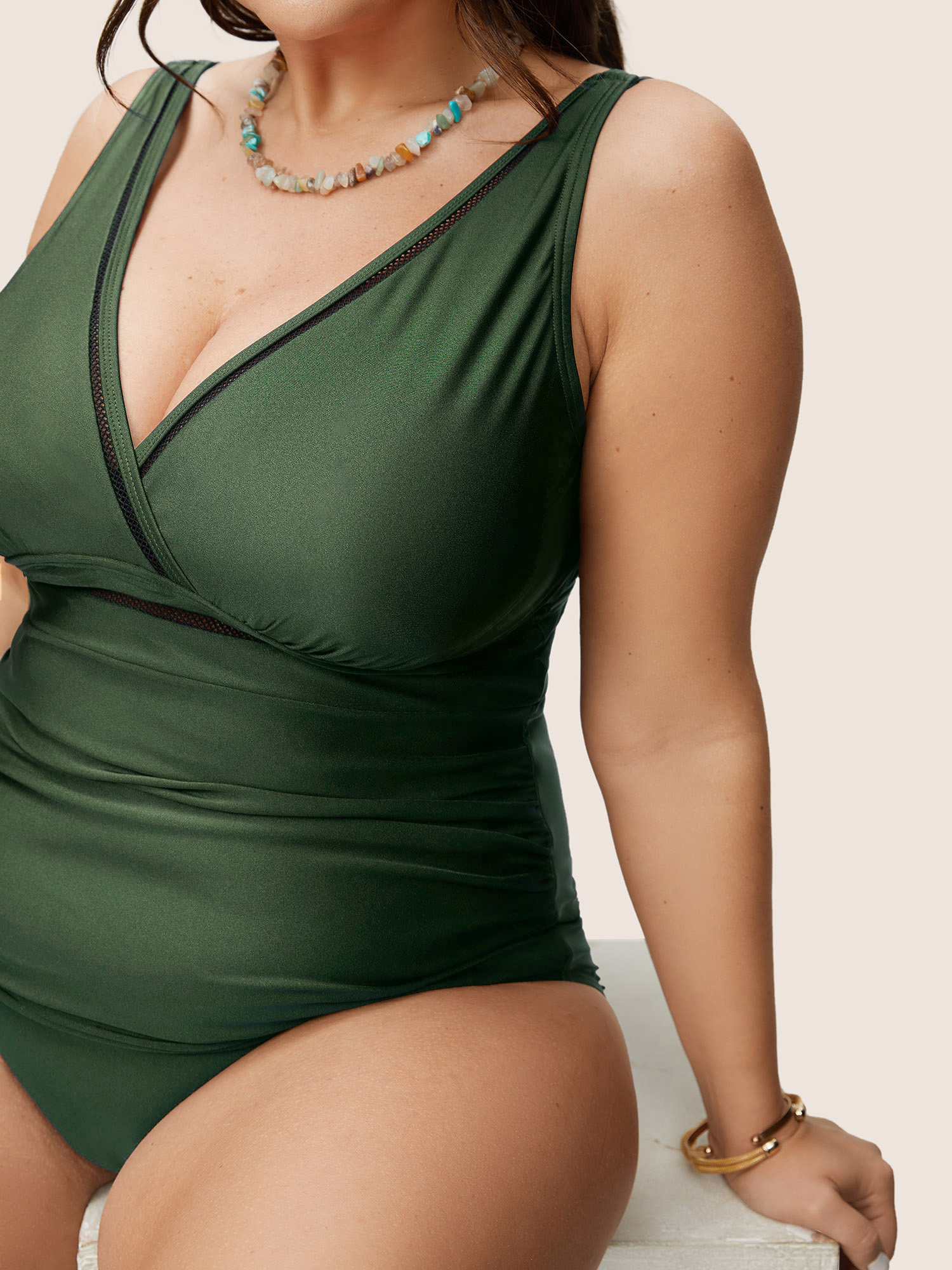 Plus Size Solid Adjustable Straps Gathered One Piece Swimsuit Women`s Swimwear ArmyGreen Beach Non Curve Bathing Suits High stretch One Pieces BloomChic 30/6X 