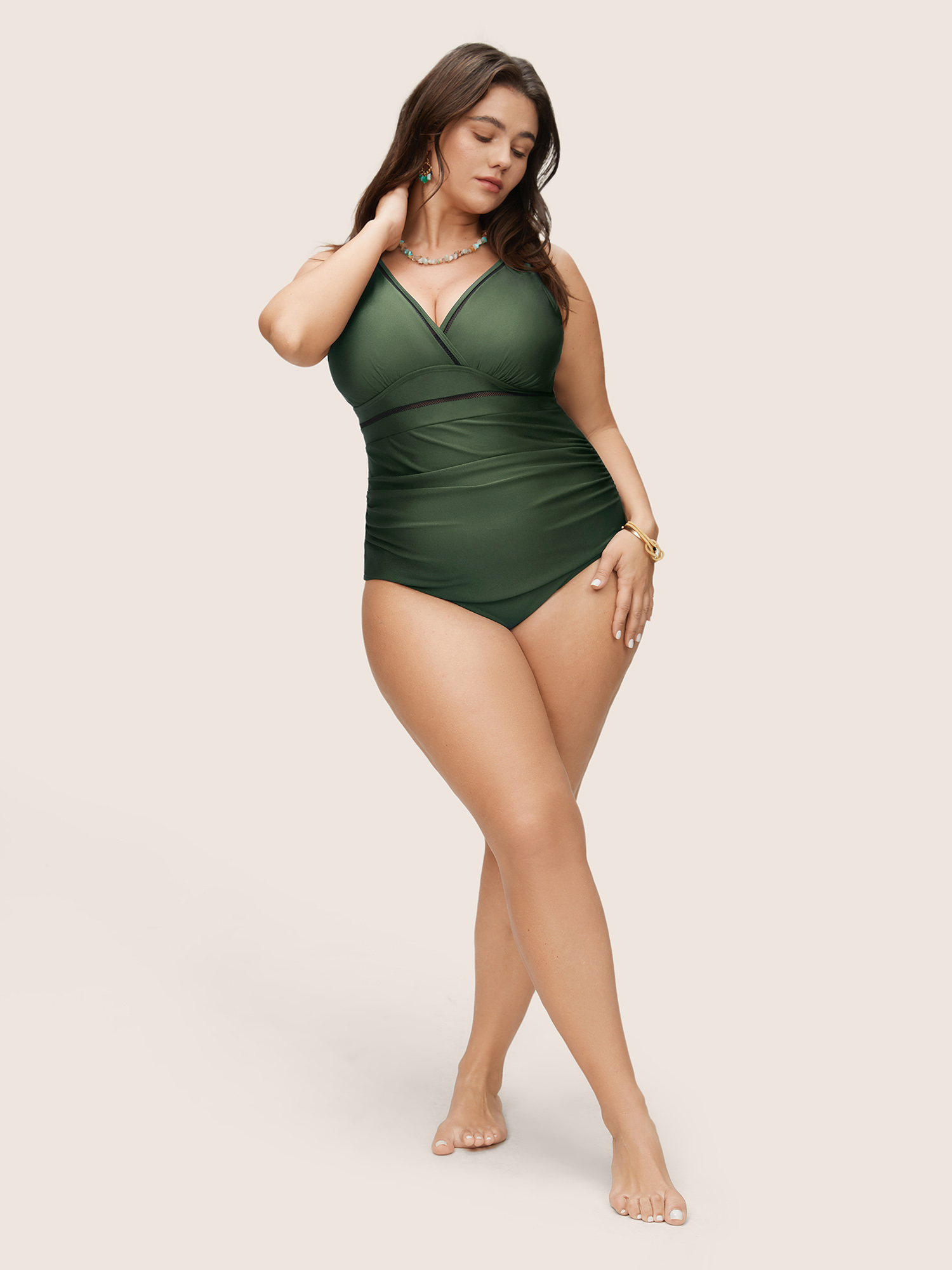 Plus Size Solid Adjustable Straps Gathered One Piece Swimsuit Women`s Swimwear ArmyGreen Beach Non Curve Bathing Suits High stretch One Pieces BloomChic 30/6X 