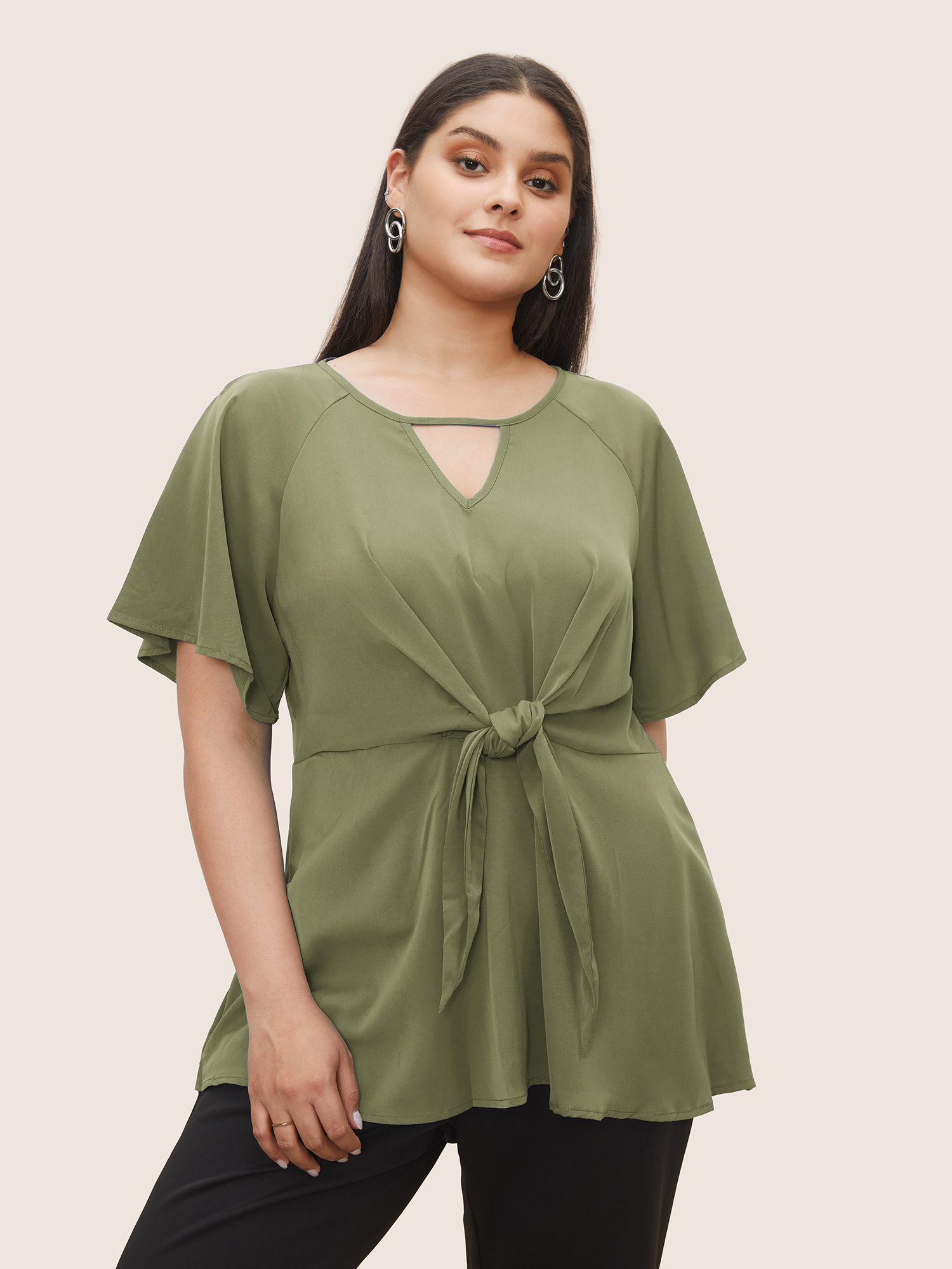 

Plus Size ArmyGreen Plain Keyhole Knotted Front Ruffle Sleeve Blouse Women Work From Home Short sleeve Round Neck Work Blouses BloomChic