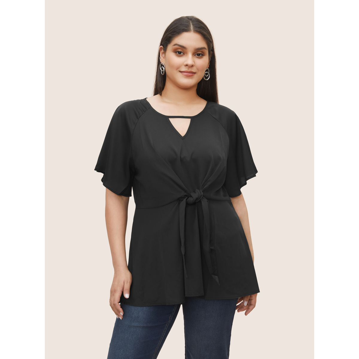 

Plus Size Black Plain Keyhole Knotted Front Ruffle Sleeve Blouse Women Work From Home Short sleeve Round Neck Work Blouses BloomChic