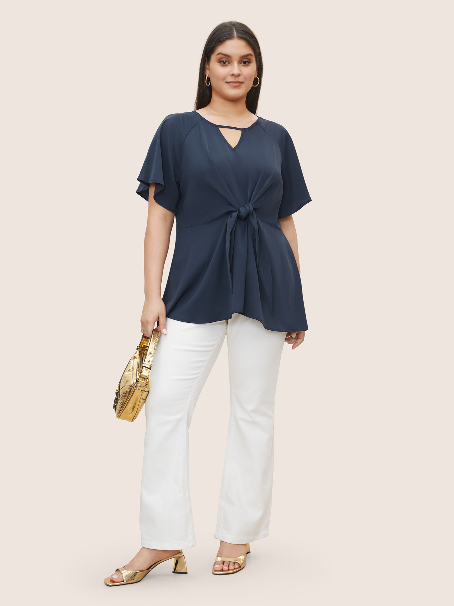 Plus Size Indigo Plain Keyhole Knotted Front Ruffle Sleeve Blouse Women Work From Home Short sleeve Round Neck Work Blouses BloomChic 28/5X 