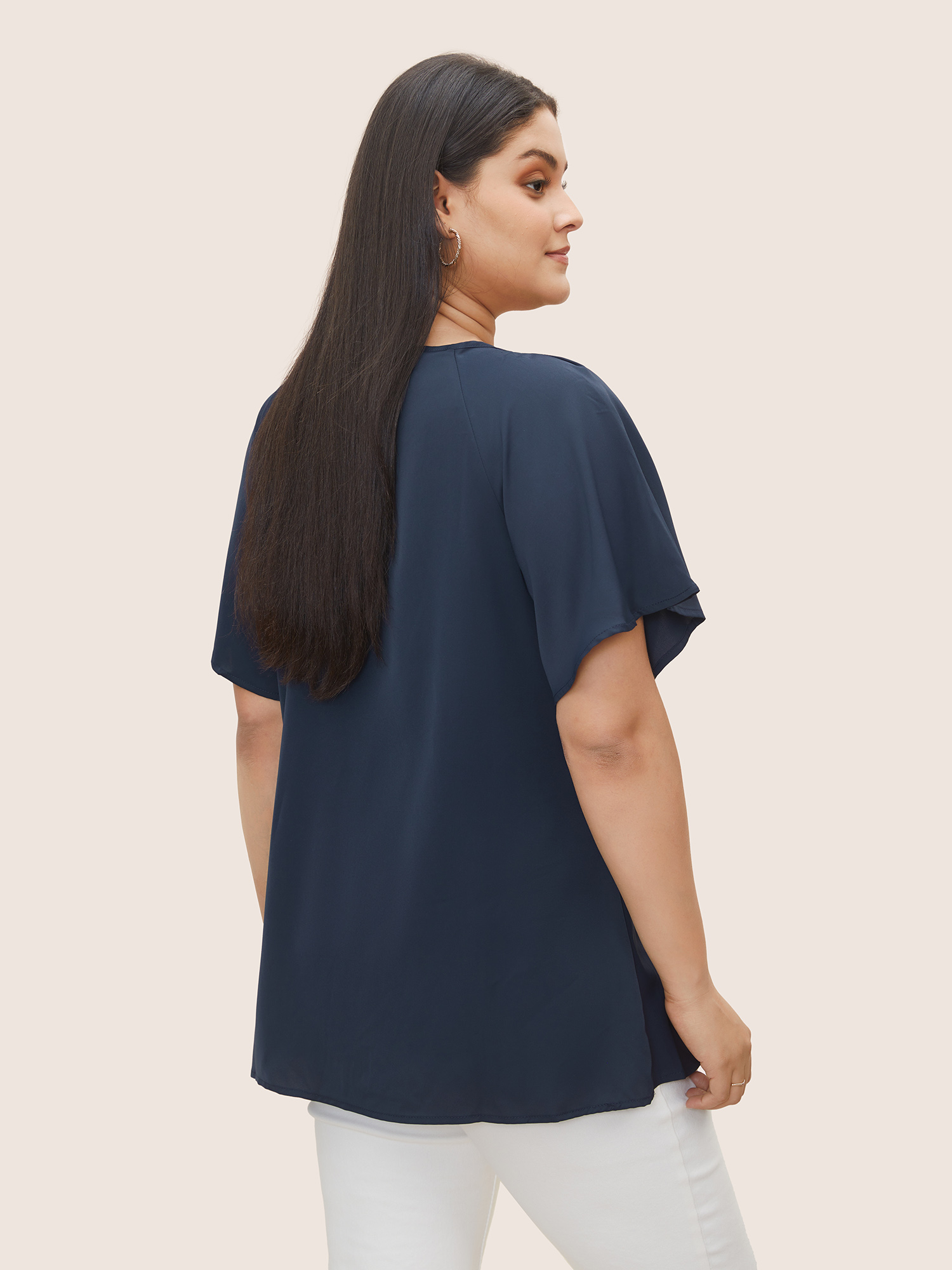 Plus Size Indigo Plain Keyhole Knotted Front Ruffle Sleeve Blouse Women Work From Home Short sleeve Round Neck Work Blouses BloomChic 28/5X 