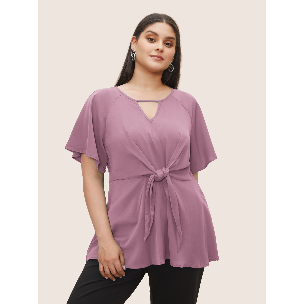 

Plus Size Pink Plain Keyhole Knotted Front Ruffle Sleeve Blouse Women Work From Home Short sleeve Round Neck Work Blouses BloomChic
