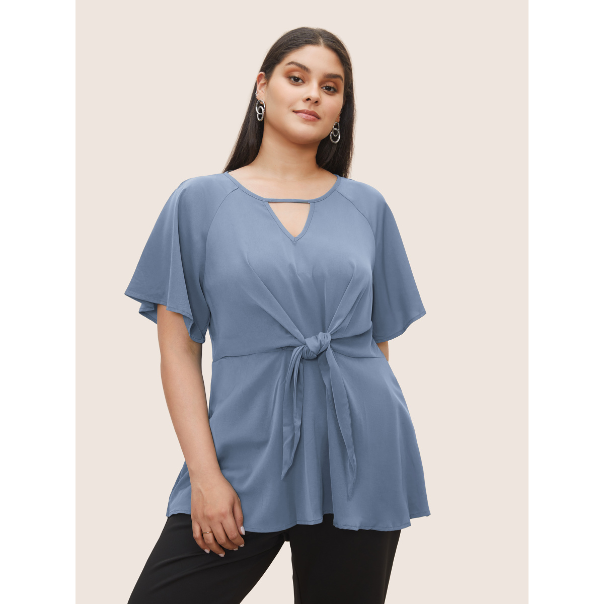 

Plus Size Stone Plain Keyhole Knotted Front Ruffle Sleeve Blouse Women Work From Home Short sleeve Round Neck Work Blouses BloomChic