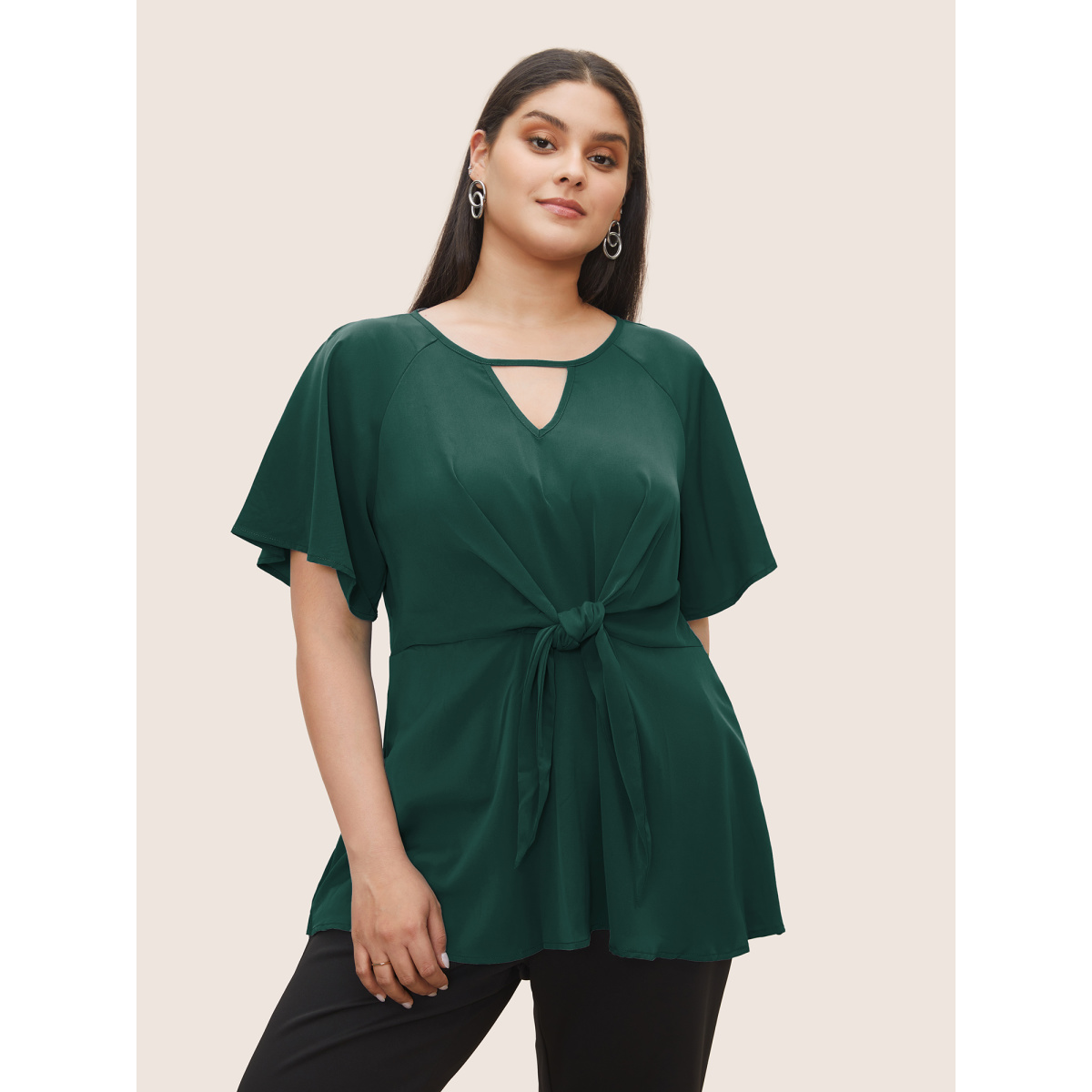 

Plus Size DarkGreen Plain Keyhole Knotted Front Ruffle Sleeve Blouse Women Work From Home Short sleeve Round Neck Work Blouses BloomChic