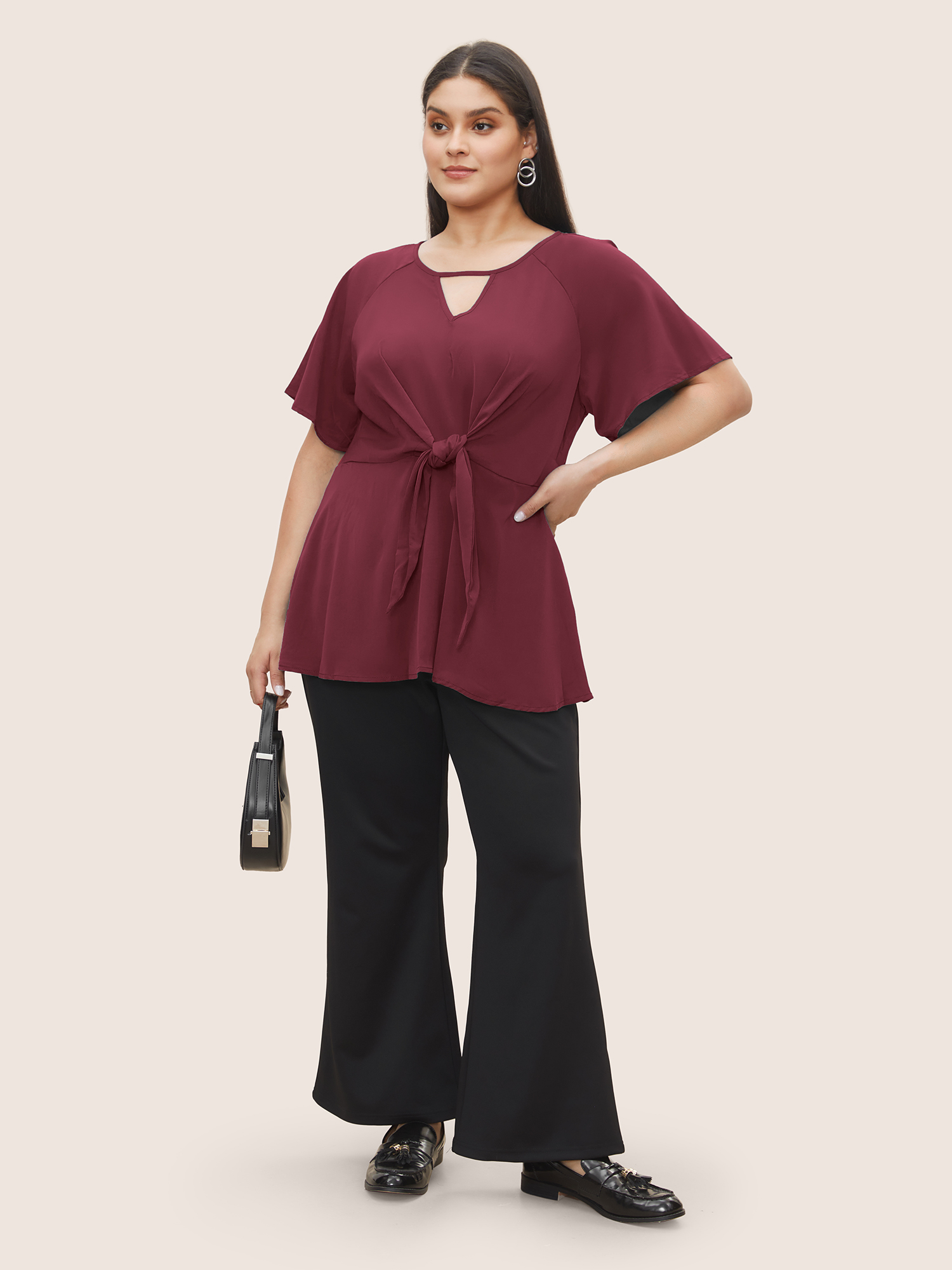 

Plus Size Scarlet Plain Keyhole Knotted Front Ruffle Sleeve Blouse Women Work From Home Short sleeve Round Neck Work Blouses BloomChic