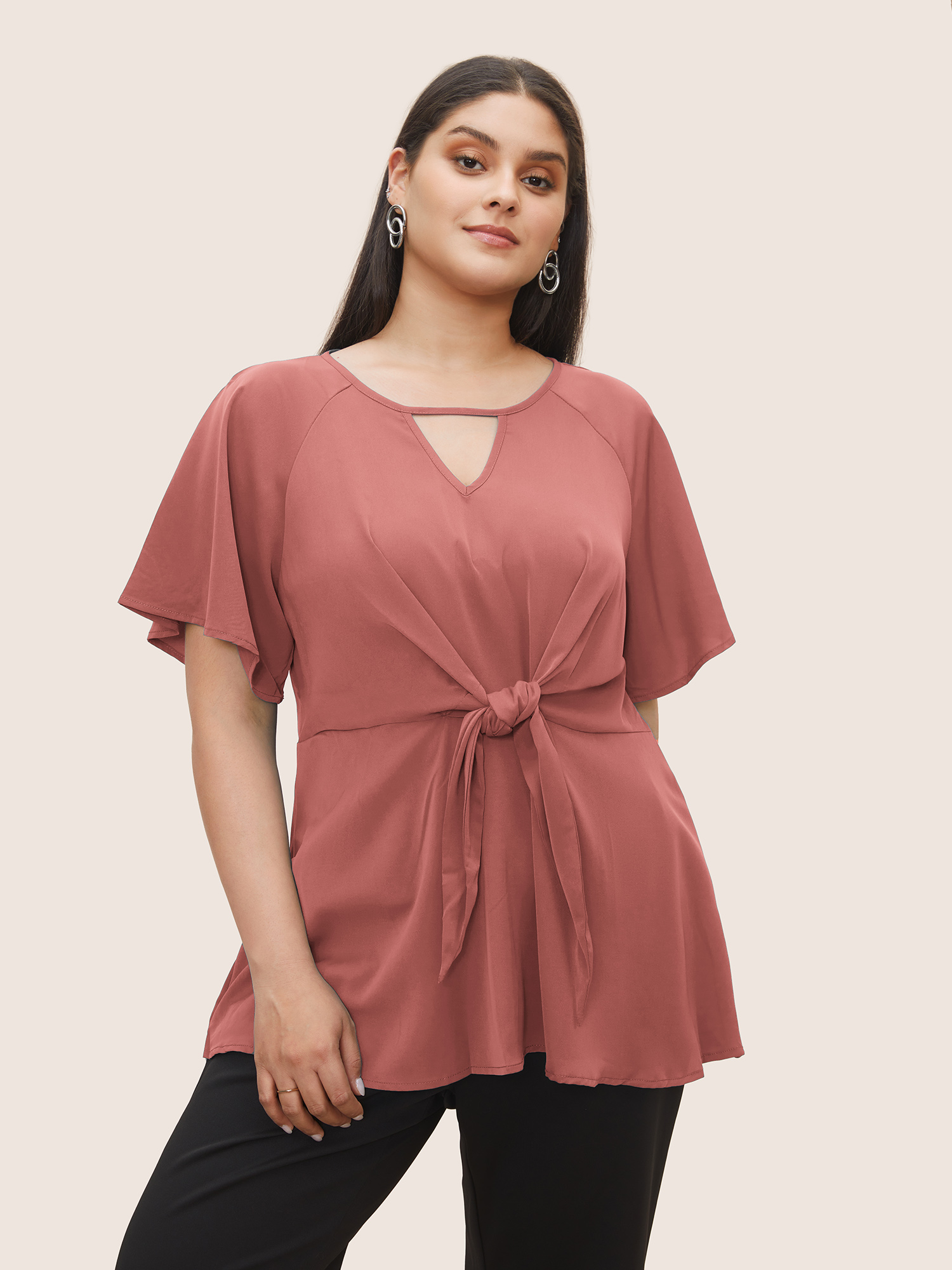 

Plus Size Coral Plain Keyhole Knotted Front Ruffle Sleeve Blouse Women Work From Home Short sleeve Round Neck Work Blouses BloomChic