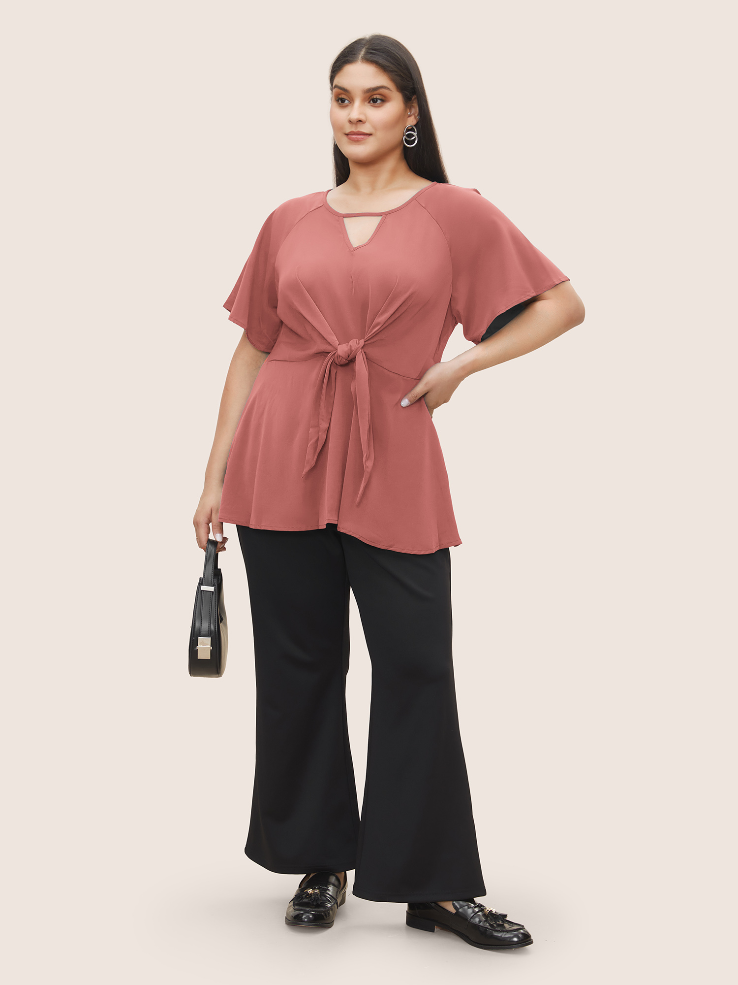 Plus Size Coral Plain Keyhole Knotted Front Ruffle Sleeve Blouse Women Work From Home Short sleeve Round Neck Work Blouses BloomChic 26/4X 