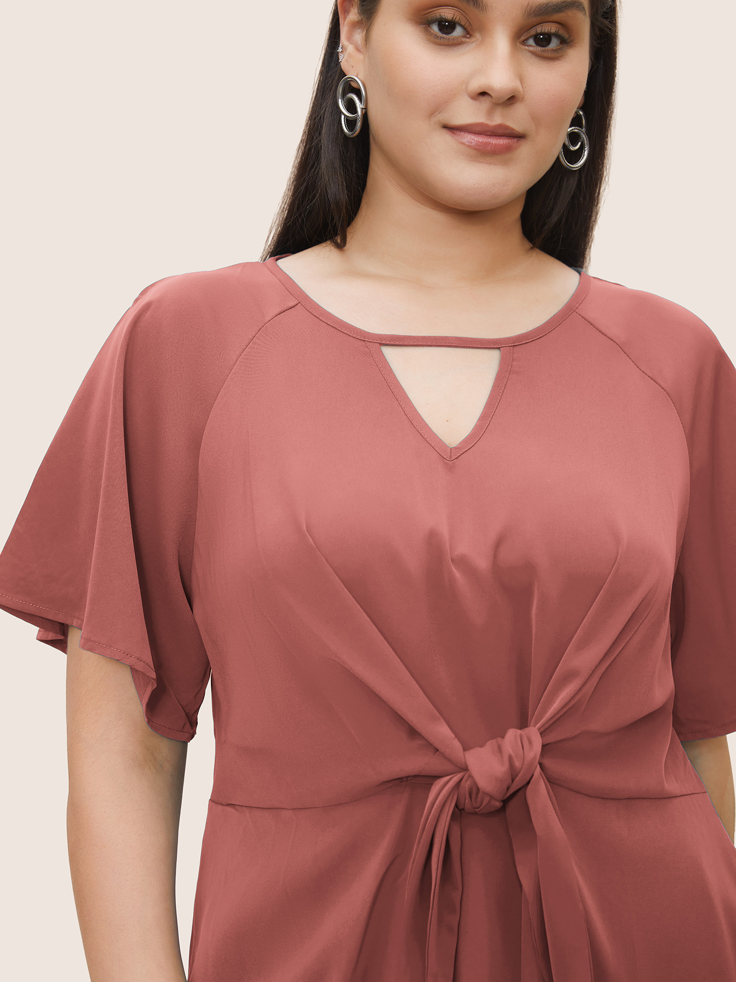 Plus Size Coral Plain Keyhole Knotted Front Ruffle Sleeve Blouse Women Work From Home Short sleeve Round Neck Work Blouses BloomChic 26/4X 