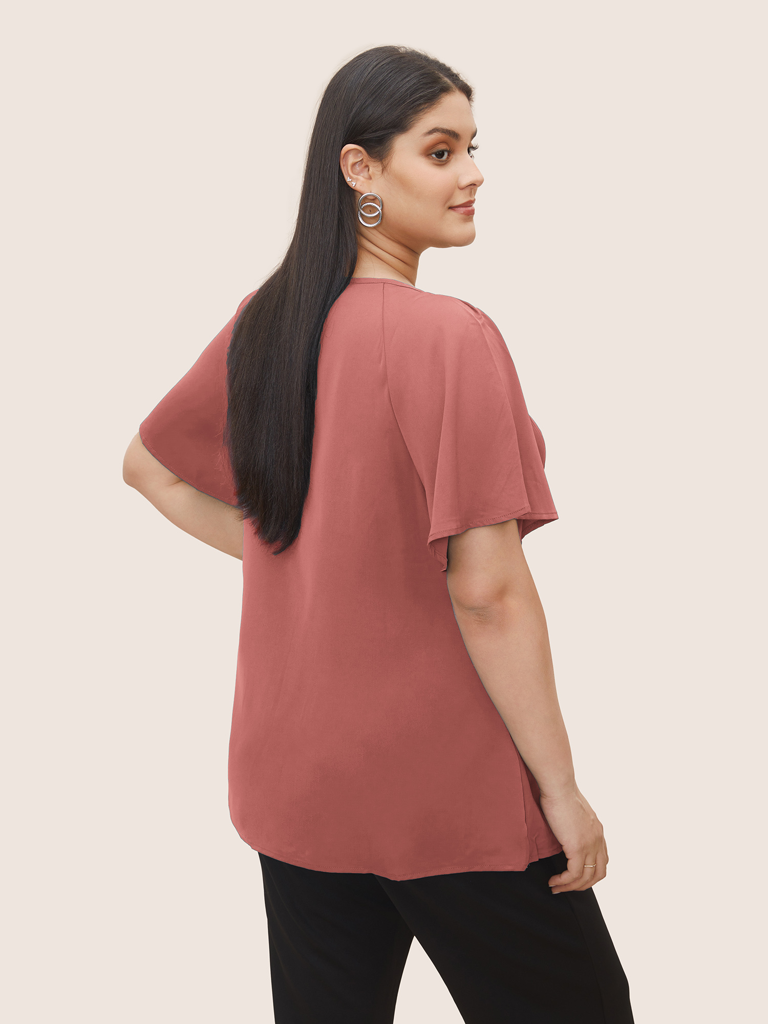 Plus Size Coral Plain Keyhole Knotted Front Ruffle Sleeve Blouse Women Work From Home Short sleeve Round Neck Work Blouses BloomChic 26/4X 