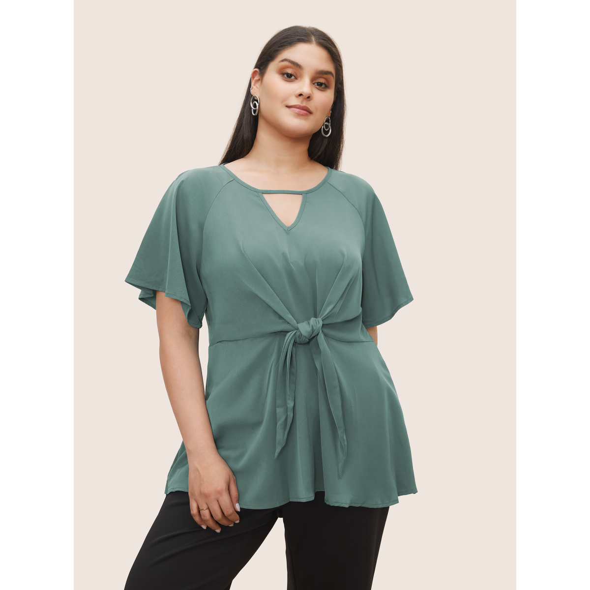 

Plus Size Mint Plain Keyhole Knotted Front Ruffle Sleeve Blouse Women Work From Home Short sleeve Round Neck Work Blouses BloomChic
