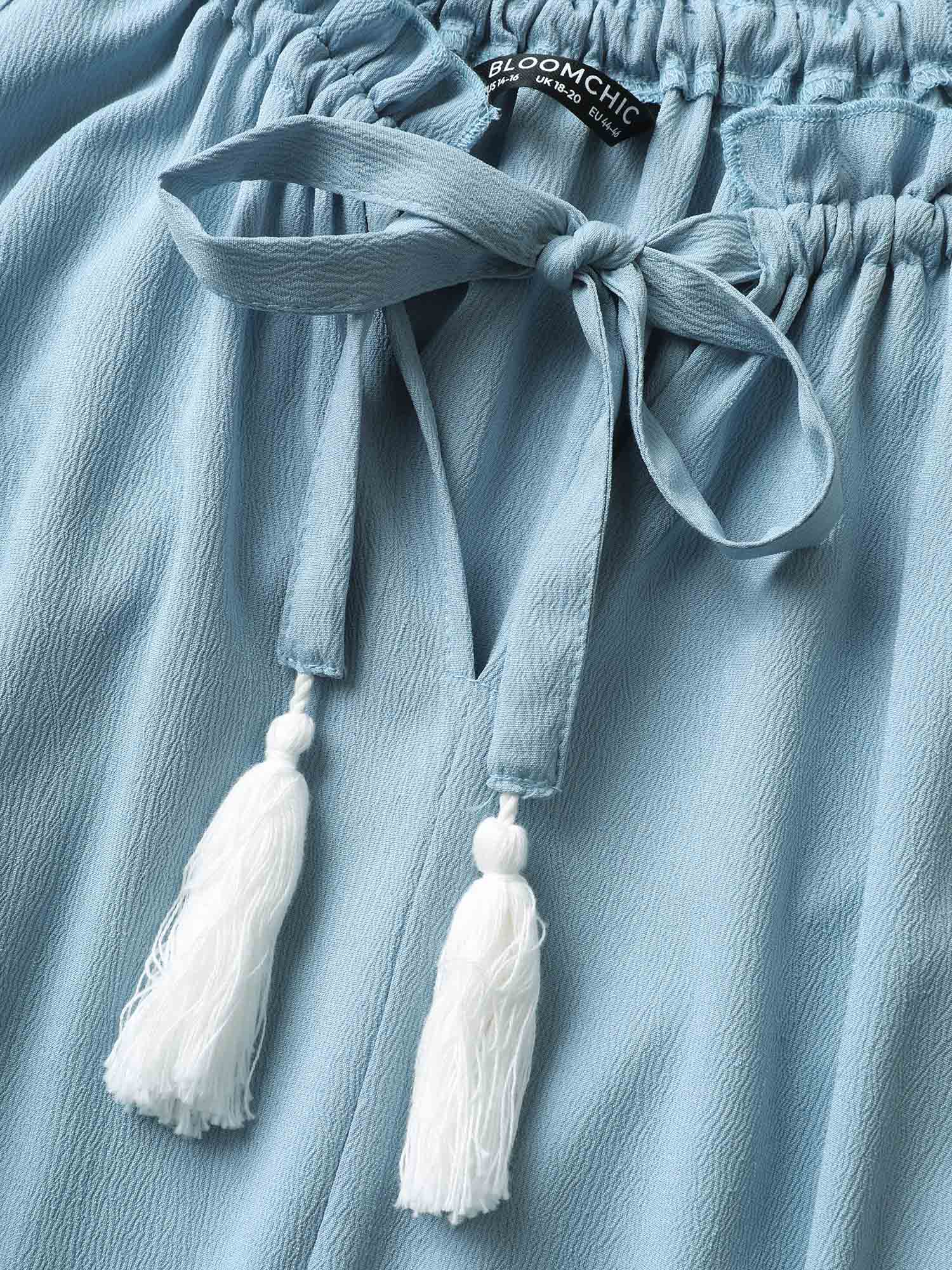 

Plus Size Colored Frayed Hem Knot Neck Frill Trim Dress LightBlue Women Woven ribbon&lace trim Curvy Midi Dress BloomChic
