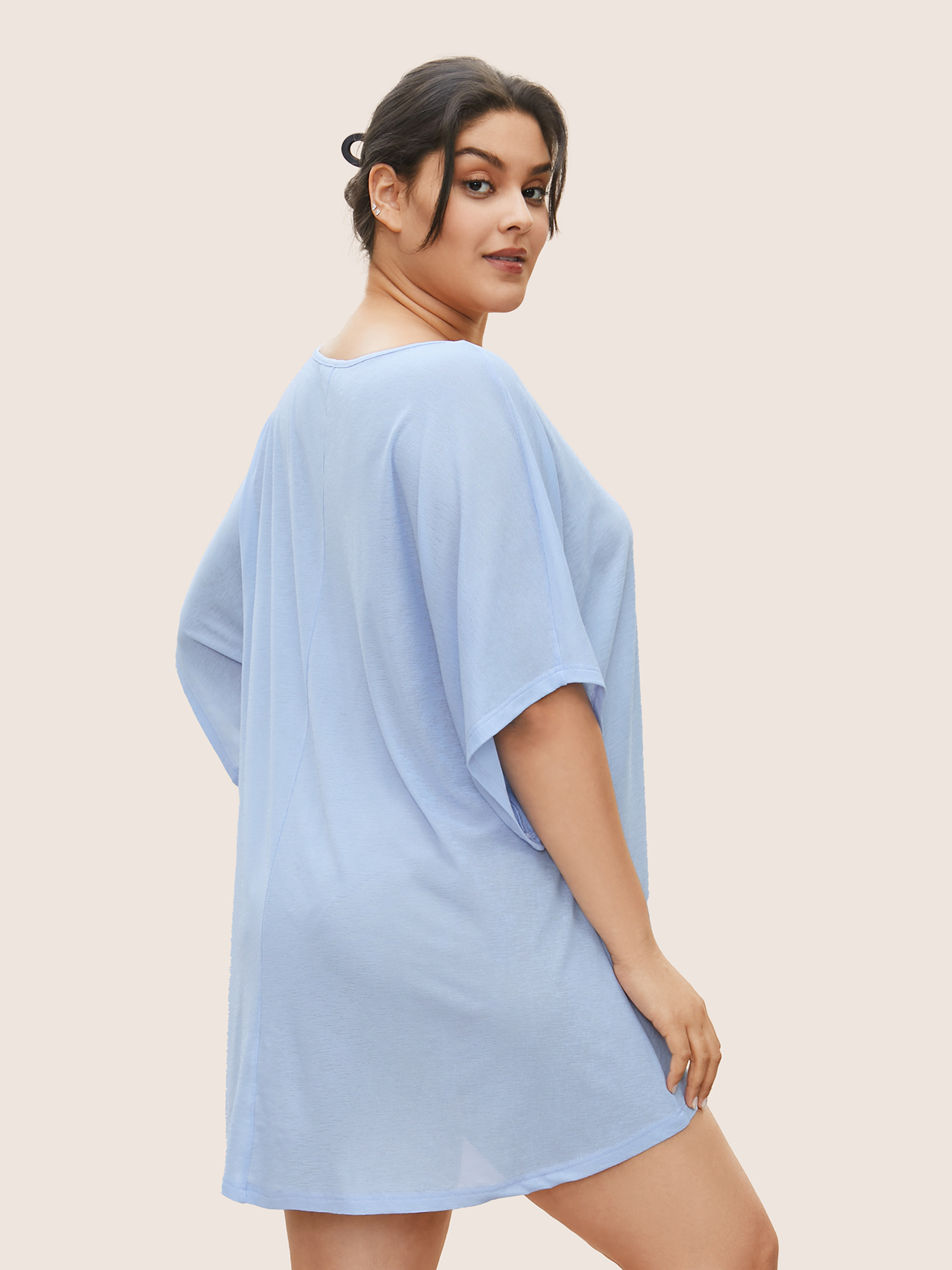 

Plus Size Solid Dolman Sleeve High Low Hem Sleep Dress LightBlue Half Sleeve V-neck Lounge Everyday  Bloomchic