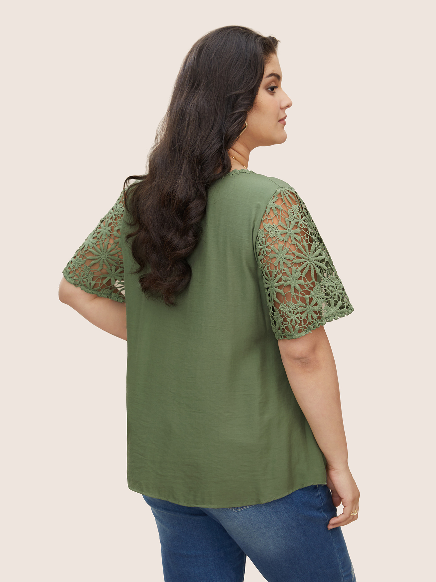 

Plus Size Emerald Plain V Neck Floral Patchwork Blouse Women Casual Short sleeve V-neck Everyday Blouses BloomChic