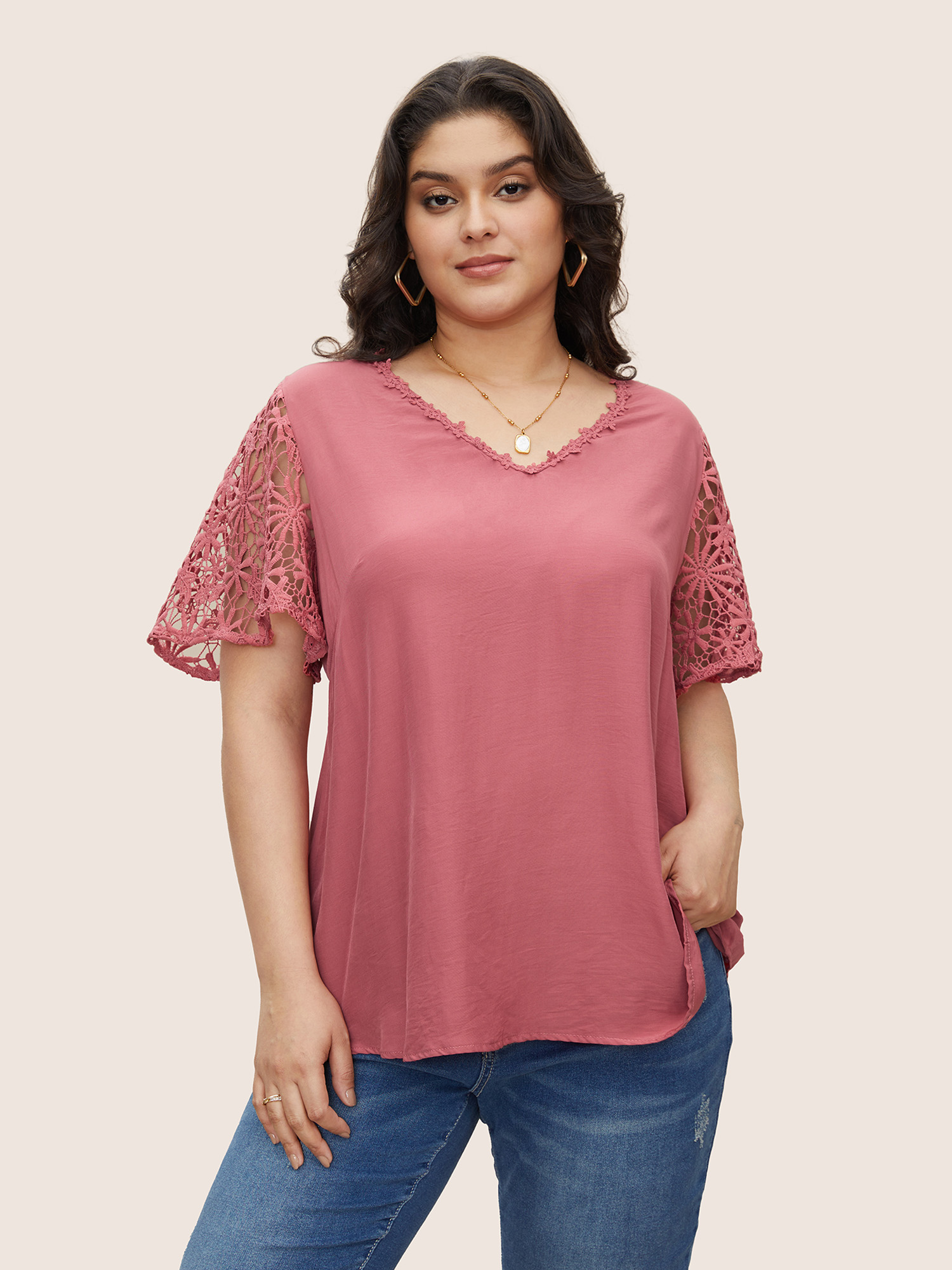 BloomChic Women's Plus Size Plain V Neck Floral Patchwork Blouse Watermelon Vacation Short sleeve 26/4X