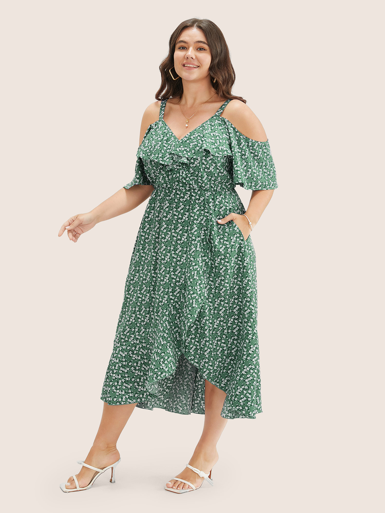 

Plus Size Ditsy Floral Pocket Wrap Cold Shoulder Ruffle Dress Green Women Elegant Non Overlap Collar Short sleeve Curvy Midi Dress BloomChic