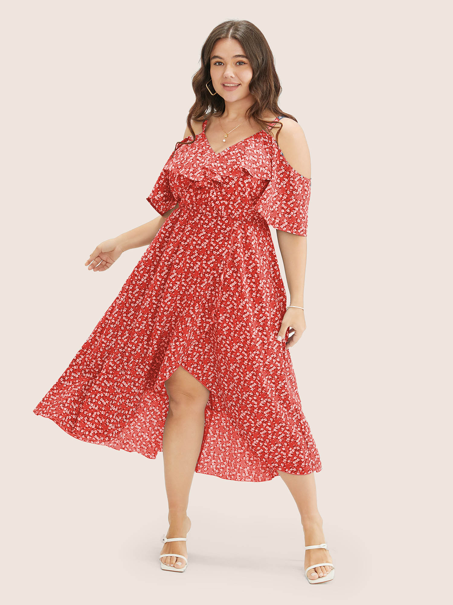 

Plus Size Ditsy Floral Pocket Wrap Cold Shoulder Ruffle Dress Red Women Elegant Non Overlap Collar Short sleeve Curvy Midi Dress BloomChic