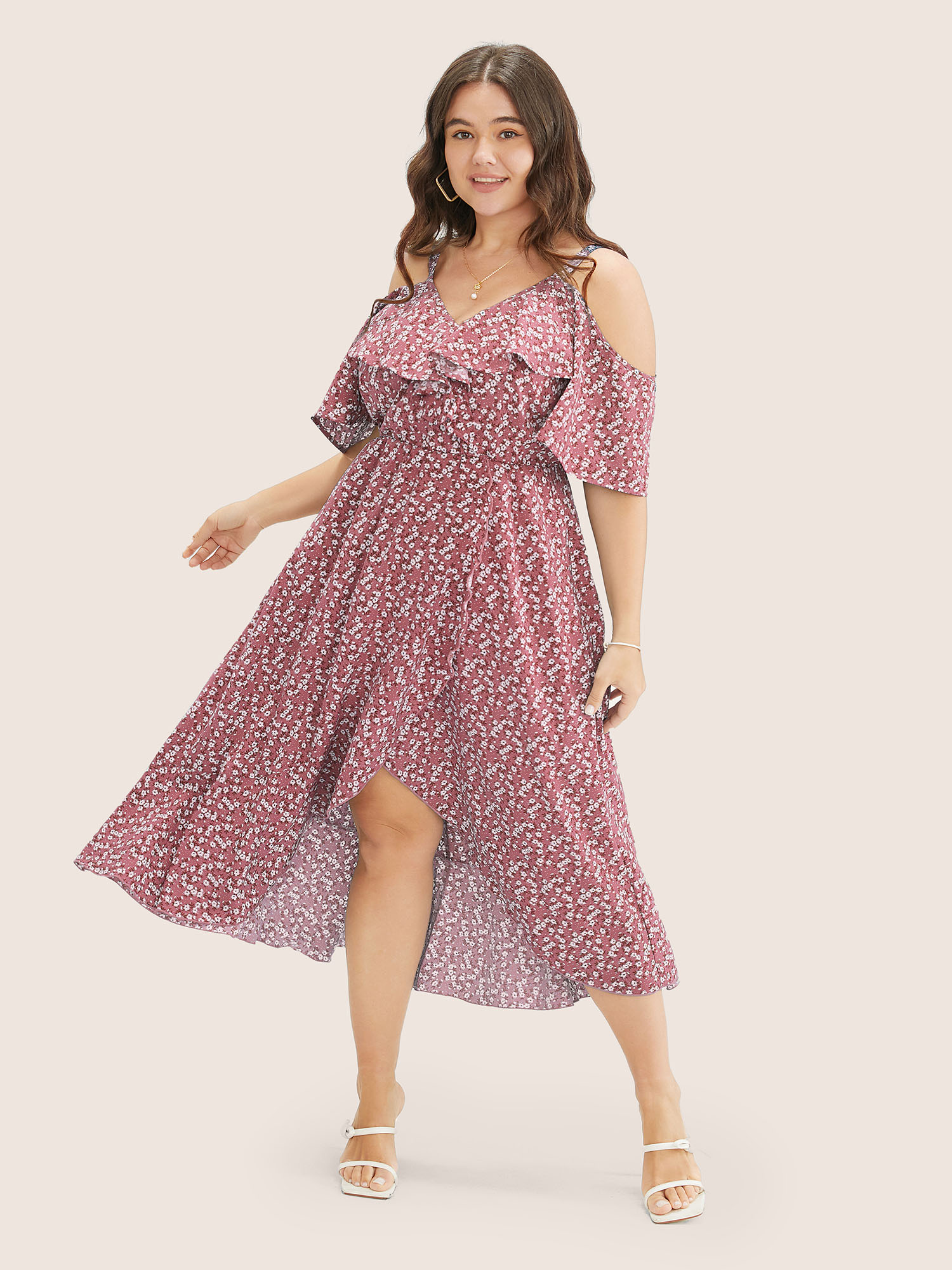 

Plus Size Ditsy Floral Pocket Wrap Cold Shoulder Ruffle Dress DustyPink Women Elegant Non Overlap Collar Short sleeve Curvy Midi Dress BloomChic