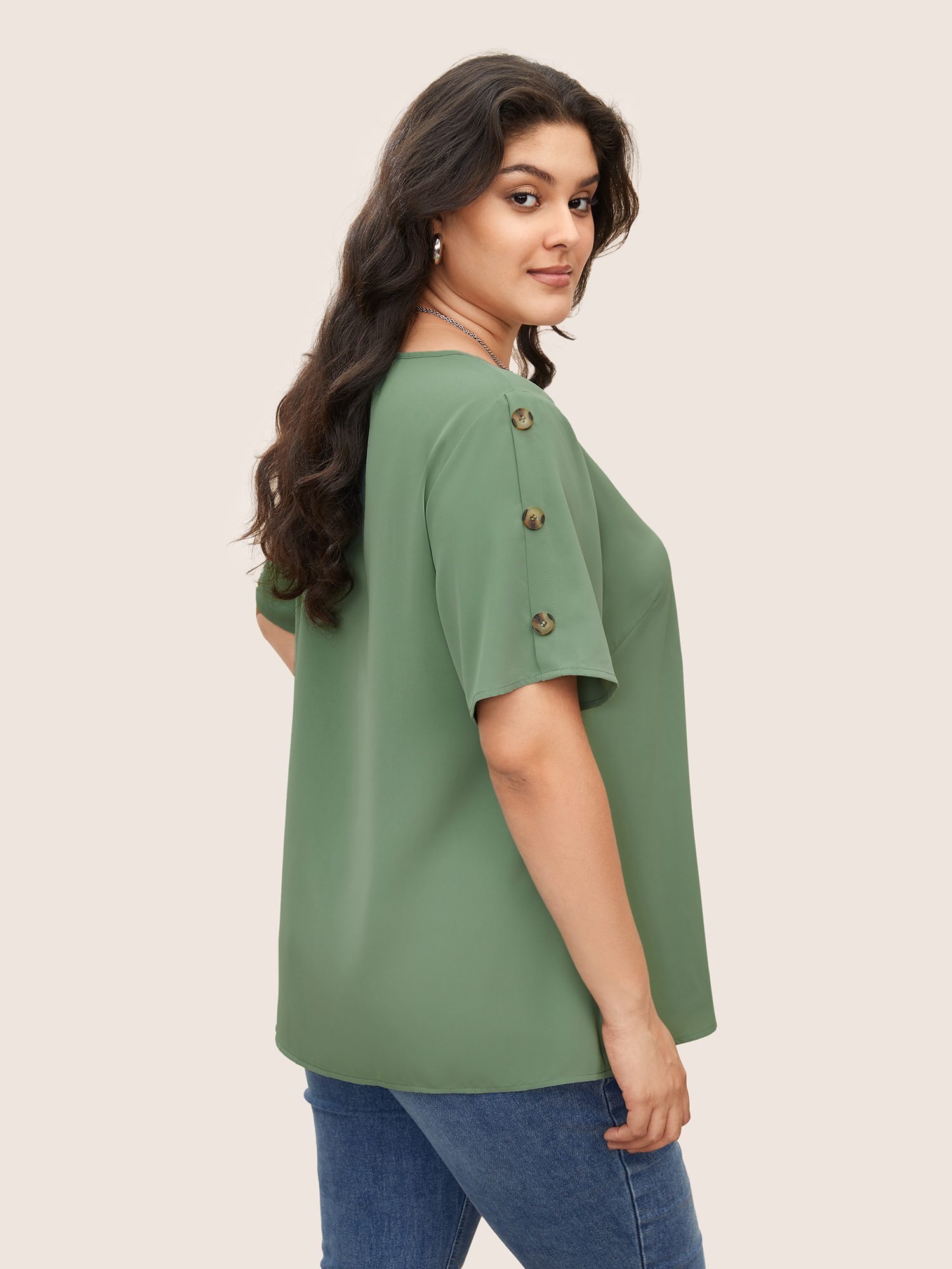 

Plus Size Mint Plain Round Neck Button Detail Blouse Women Casual Short sleeve Round Neck Everyday Blouses BloomChic