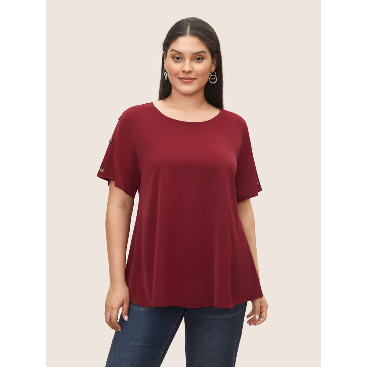 

Plus Size Scarlet Plain Round Neck Button Detail Blouse Women Casual Short sleeve Round Neck Everyday Blouses BloomChic