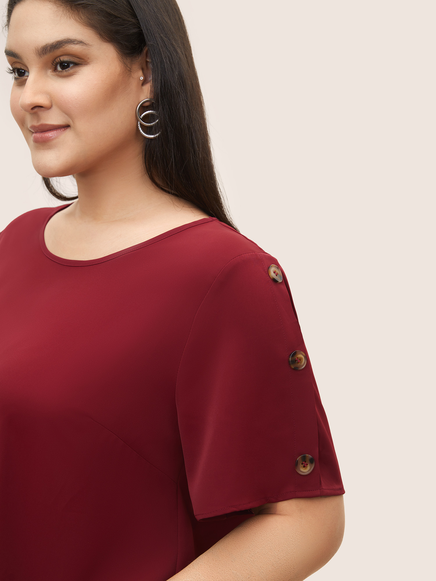 

Plus Size Scarlet Plain Round Neck Button Detail Blouse Women Casual Short sleeve Round Neck Everyday Blouses BloomChic