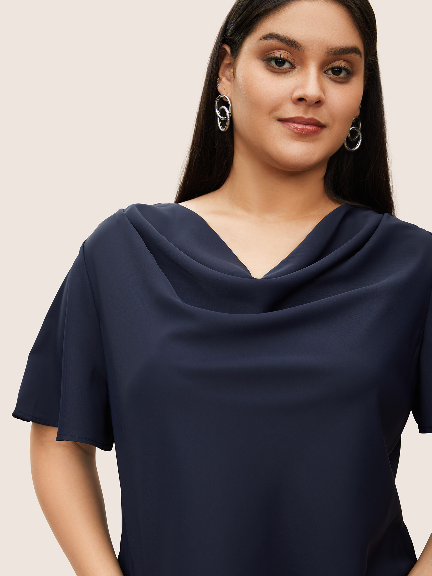 Plus Size Indigo Plain Cowl Neck Ruffle Sleeve Blouse Women Work From Home Short sleeve Cowl Neck Work Blouses BloomChic 12/L 