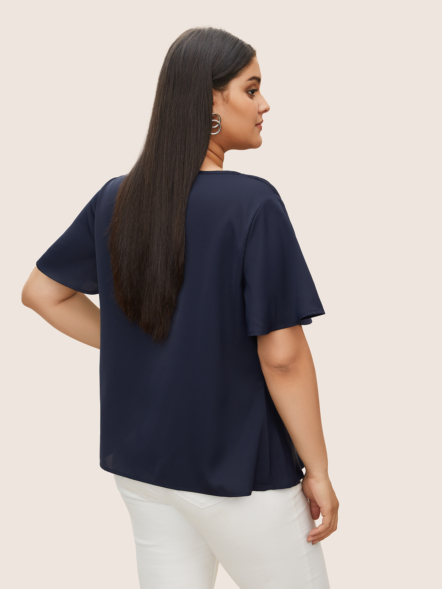 Plus Size Indigo Plain Cowl Neck Ruffle Sleeve Blouse Women Work From Home Short sleeve Cowl Neck Work Blouses BloomChic 12/L 